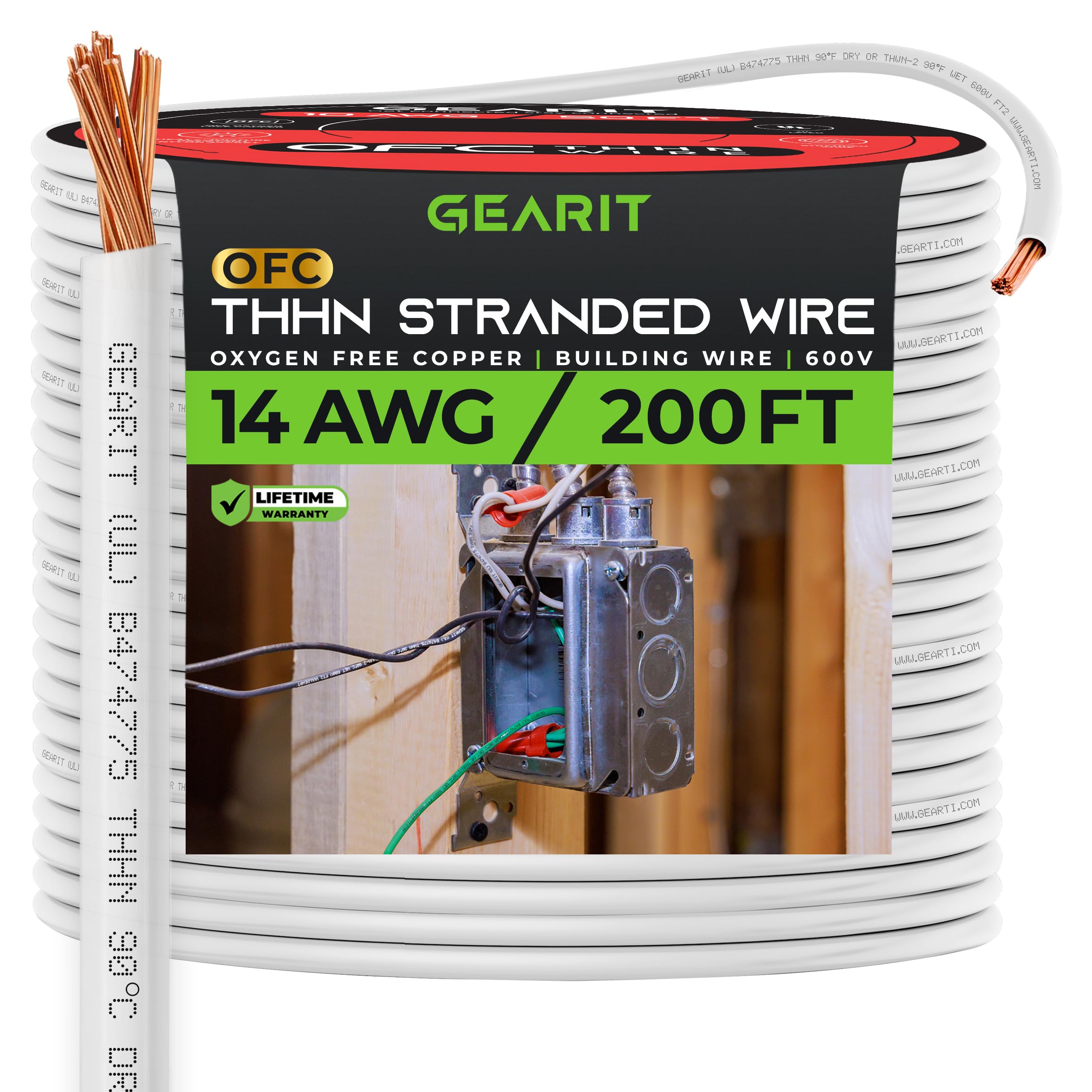 GearIT Stranded THHN Wire (14 Gauge, 200 Feet) 100% OFC Electrical Building Wire, Rated for Up to 600 Volts, Single Conductor, Nylon Jacket, UL Listed/RoHs Compliant - White, 200ft
