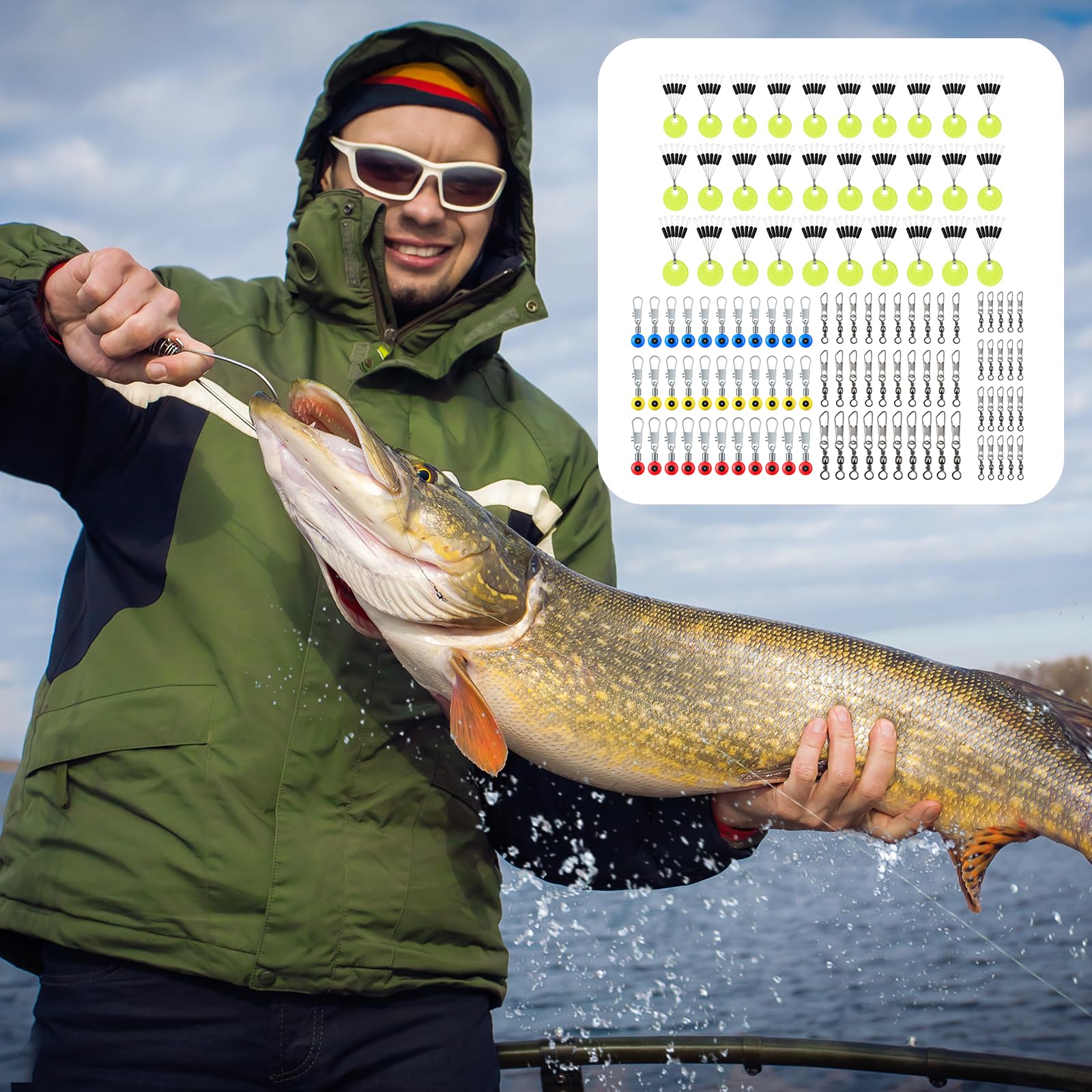 CONNECTION 180 pz Tappi di Gomma per Pesca 6 in 1 Stopper da Pesca 50 Girelle da Pesca con Moschettone 2/4/6/8/10#, 30 Fagioli Girevoli Connettori Galleggiante S/M/L Accessori per Pesca in Mare Laghi