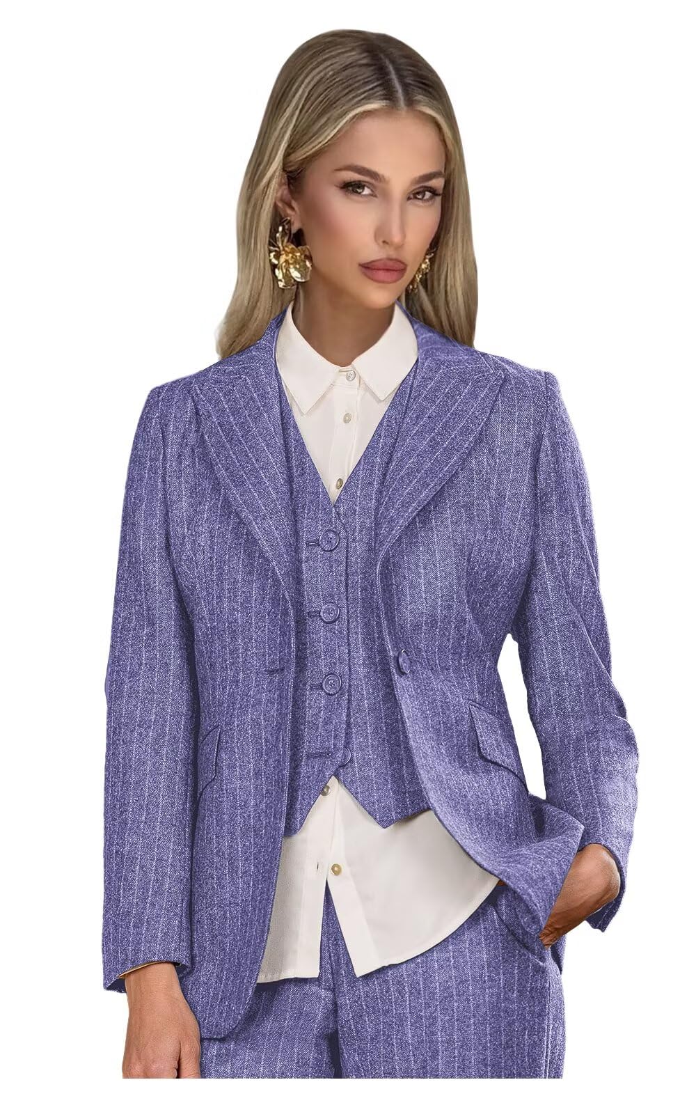 Striped Tweed Suits for Women 3 Piece Peak Lapel Womens Suit Winter Business Blazer Vest Pants for Work