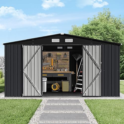 Miniatura 9 de Verano Garden Cobertizo de almacenamiento al aire libre de 8 x 6 pies cobertizo de acero metálico galvanizado doble puerta almacenamiento de jardín