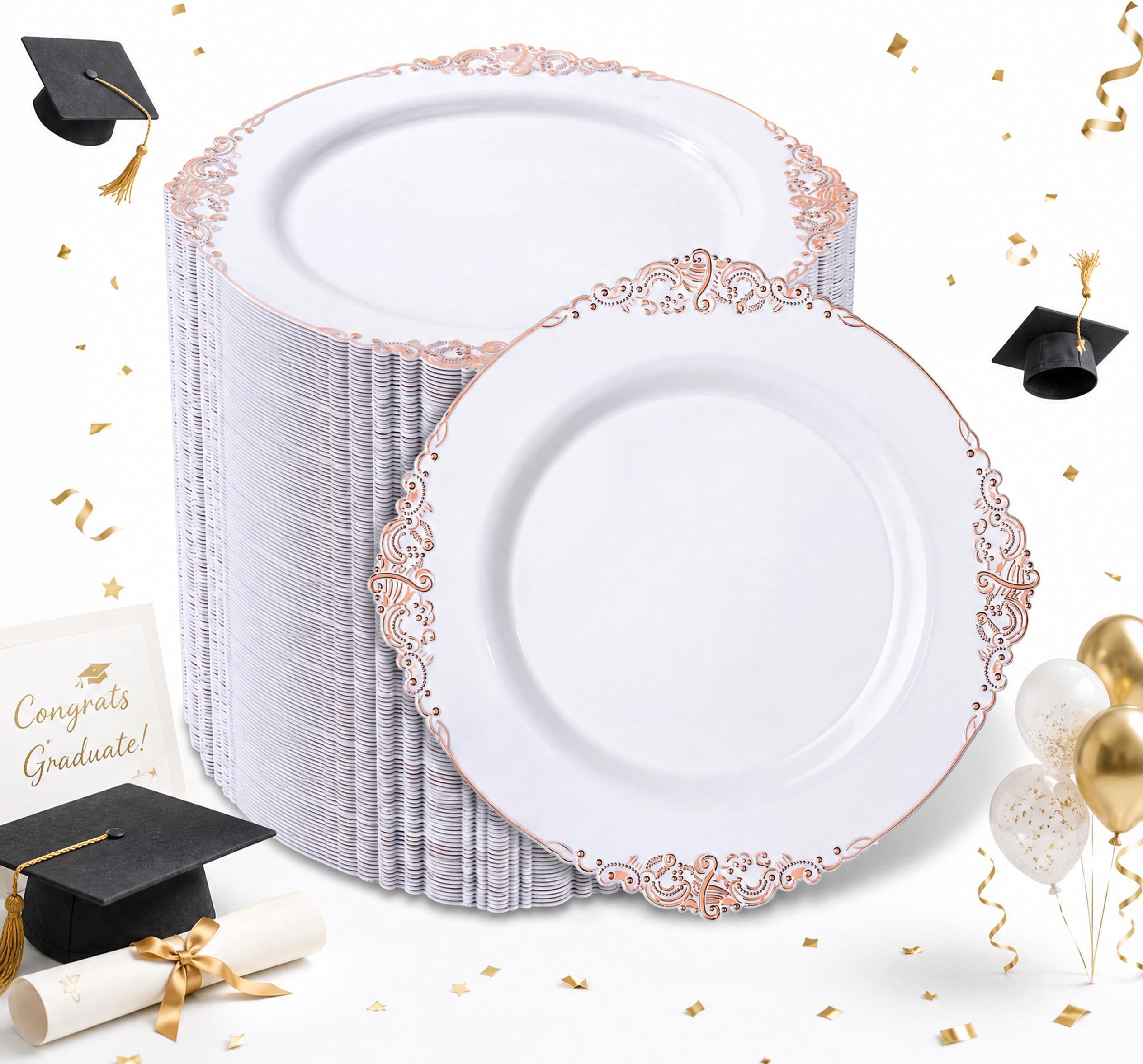 Morejoy 100pcs Rose Gold Plastic Plates - Rose Gold Disposable Plates - 7.5 inch White and Rose Gold Dessert Plates for Weddings & Parties & Graduation Party