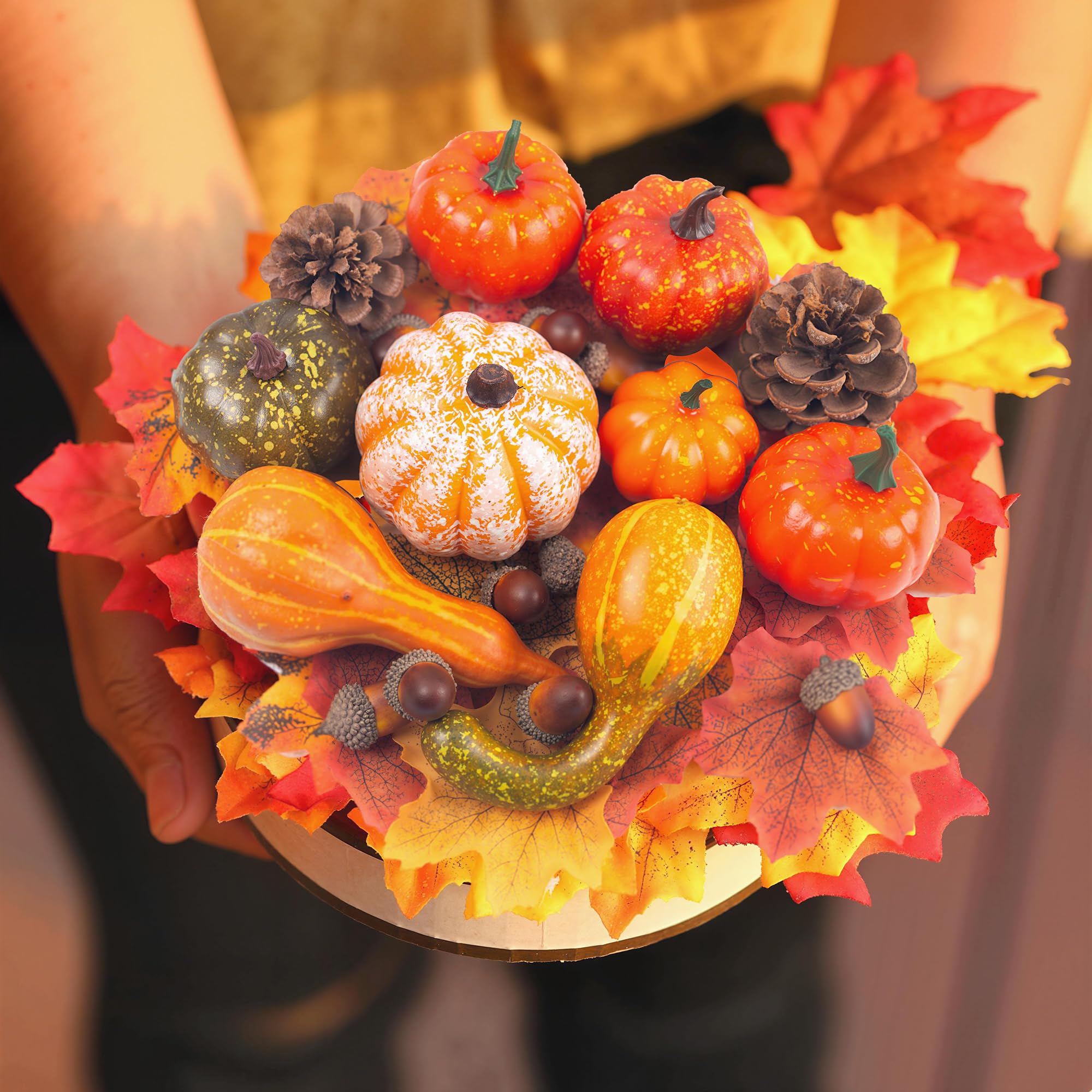 DomeStar 50 PCS Thanksgiving Artificial Pumpkins and Gourds Set Fall Decorations for Home, 8 PCS Fake Pumpkins, 12 PCS Pinecones and Acorns, 30 PCS Fake Maple Leaves Fall Wedding Tables Centerpieces