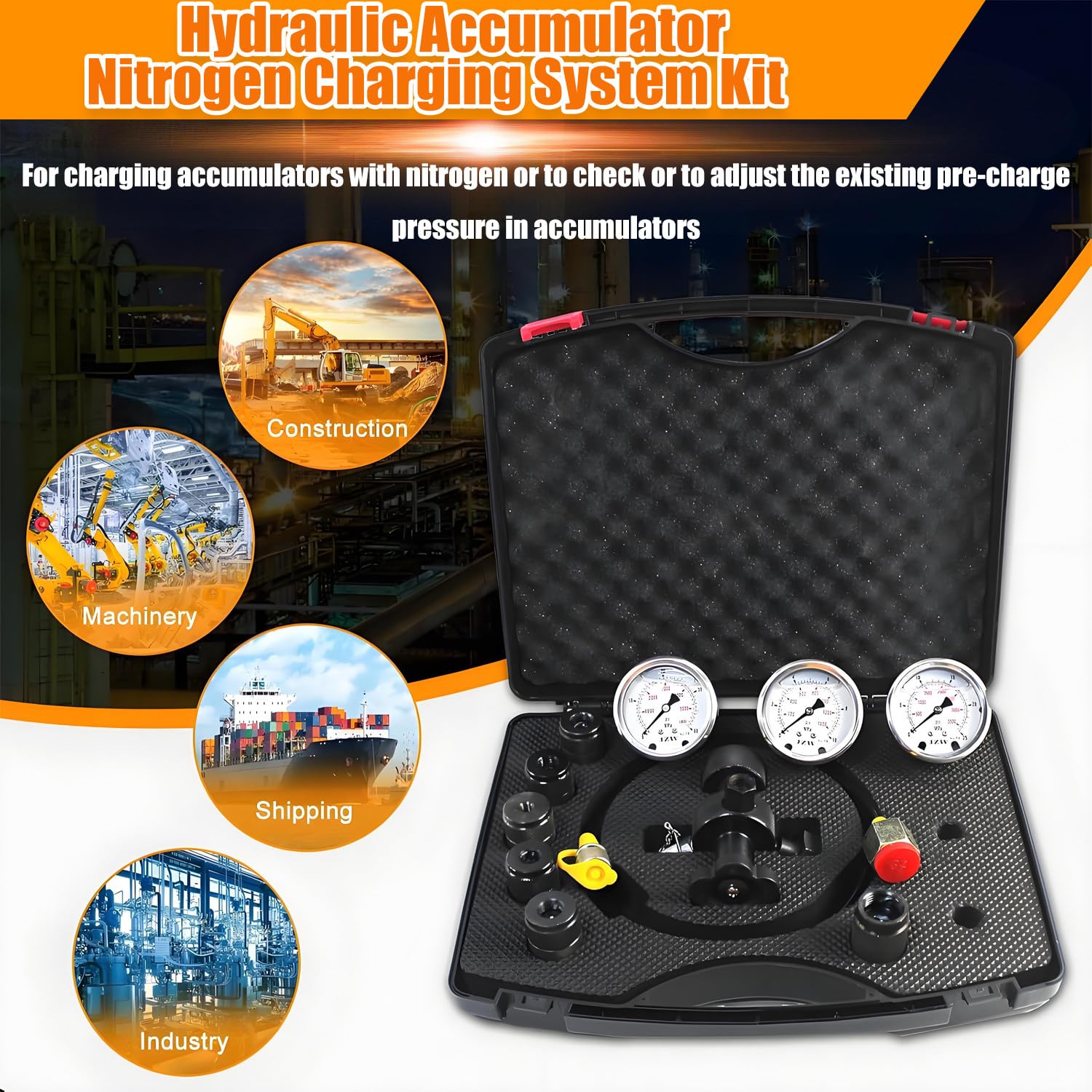 Kit de carga de acumulador de nitrógeno hidráulico, kit de llenado de nitrógeno, herramientas de carga de gas con 3 manómetros, 7 acoplamientos, 1 manguera de gas para sistema de prueba de presión d