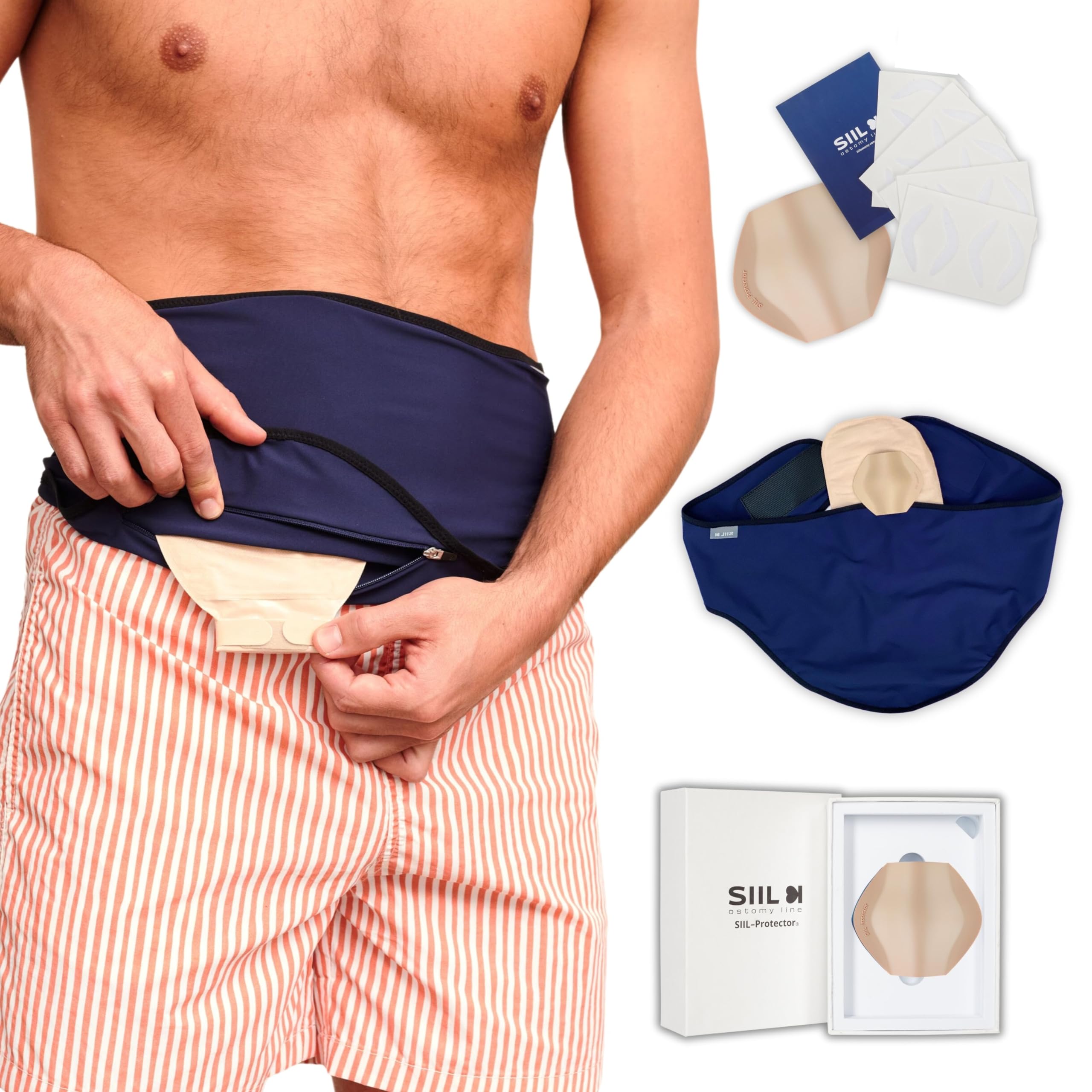 SIIL Cintura per stomia Blue + Protezione dello stoma | PROTEZIONE TOTALE per la tua sacca per stomia | Coperture per sacche ileostomiche e colostomiche | Prodotto in Europa (Medium)
