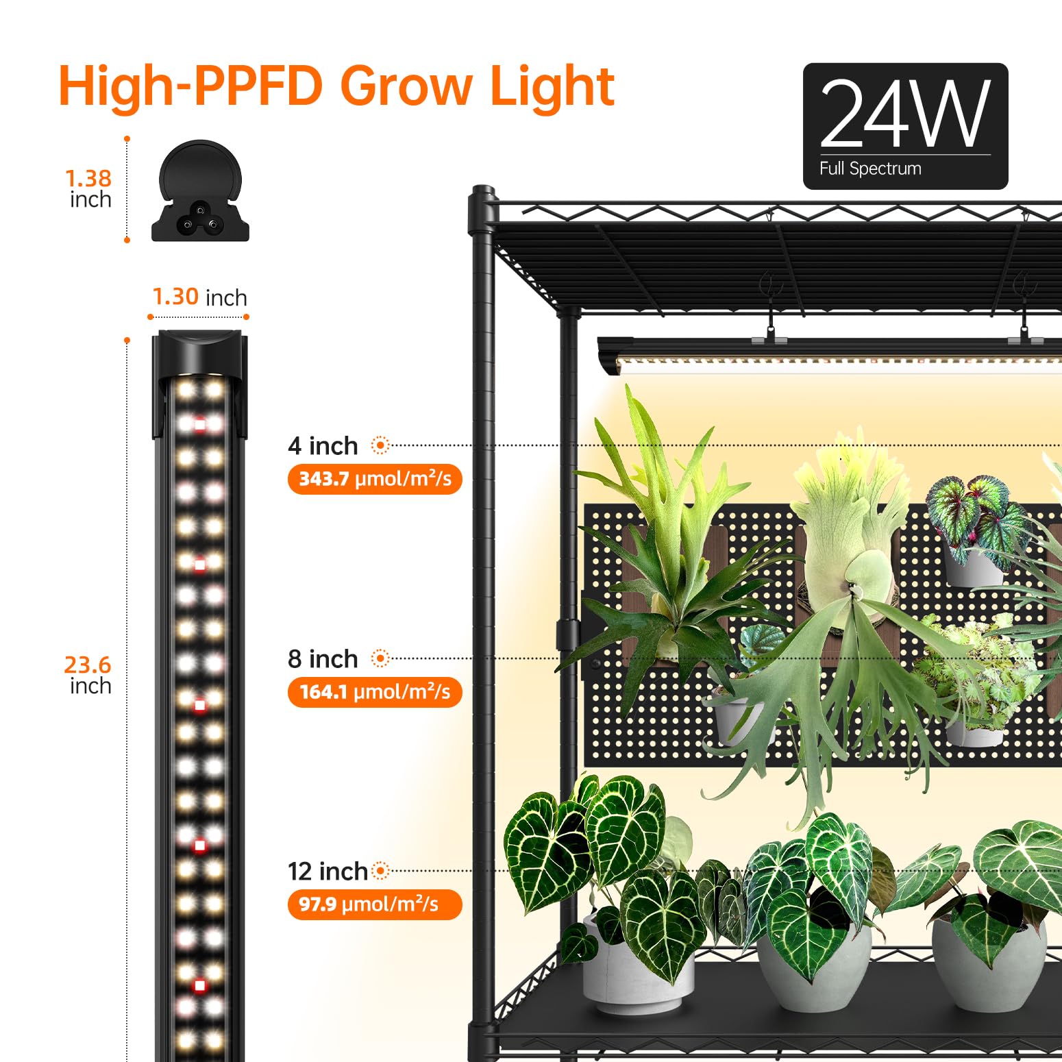 Bstrip Estante para plantas con luz de crecimiento y tablero de clavijas, soporte de metal para plantas con estante ajustable y ruedas, 4 tiras de luz de crecimiento de espectro completo de 24 W para