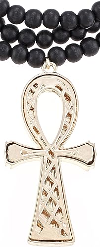 Miniatura 4 de Ankh con diamantes de imitación grandes cuentas de madera de color dorado en collar de 36.0 in