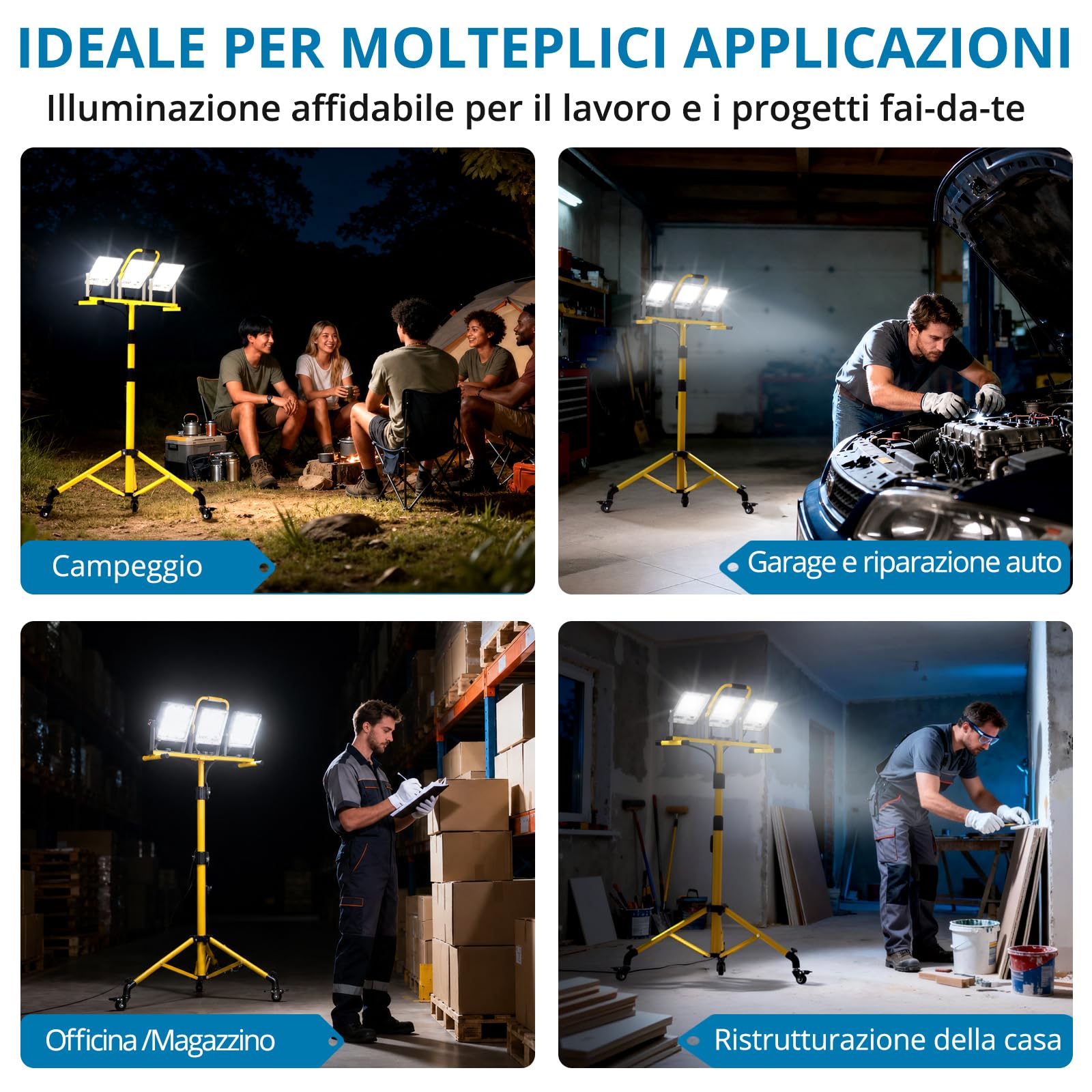 AUTOUTLET 3x 70W 23504LM Faro da Cantiere con Treppiede Allungabile e Ruote | Faretto Led da Esterno con Interruttore e Cavo di Alimentazione da 5 M,IP66 Impermeabile,per Garage Officina Campeggio