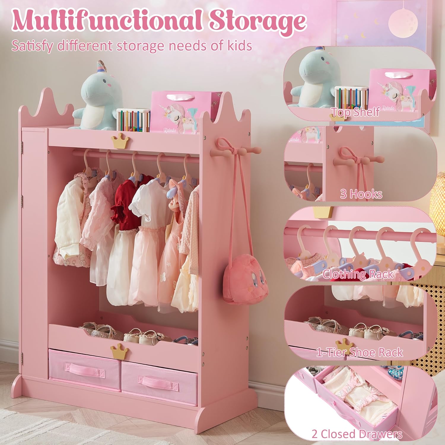 Dress Up Storage, Kids Armoire Closet with Mirror and Shelves, Princess Dress Up Rack for Little Girls, Kids Clothing Rack Wardrobe Closet for Bedroom, Playroom, Girls (Pink)