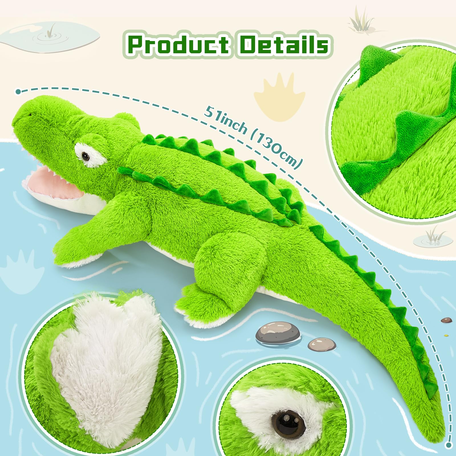 KERTA 51 inch Giant Alligator Stuffed Animal, Hugging 4ft Large Alligator Plush Body Pillow, Soft Stuffed Crocodile Plush Toy Birthday Valentine's Day Gift for Girls Boys 7