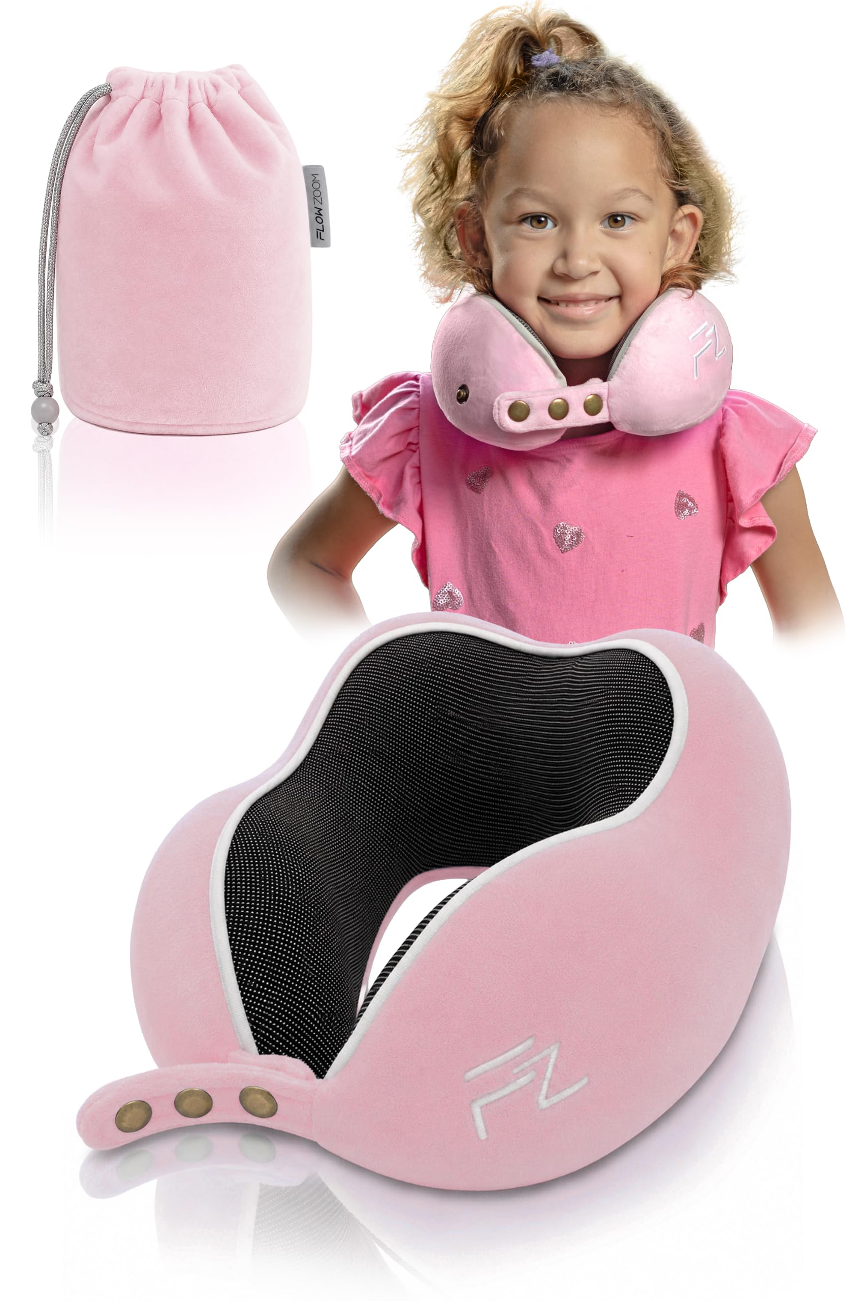FLOWZOOM Nackenkissen für Kinder ab 3 Jahre - auch für Kindersitz geeignet - einstellbares Memoryfoam Kids-Reisekissen Auto mit weichem & waschbarem Bezug - inkl. Beutel - Rosa, Größe S (ab 3 J.)