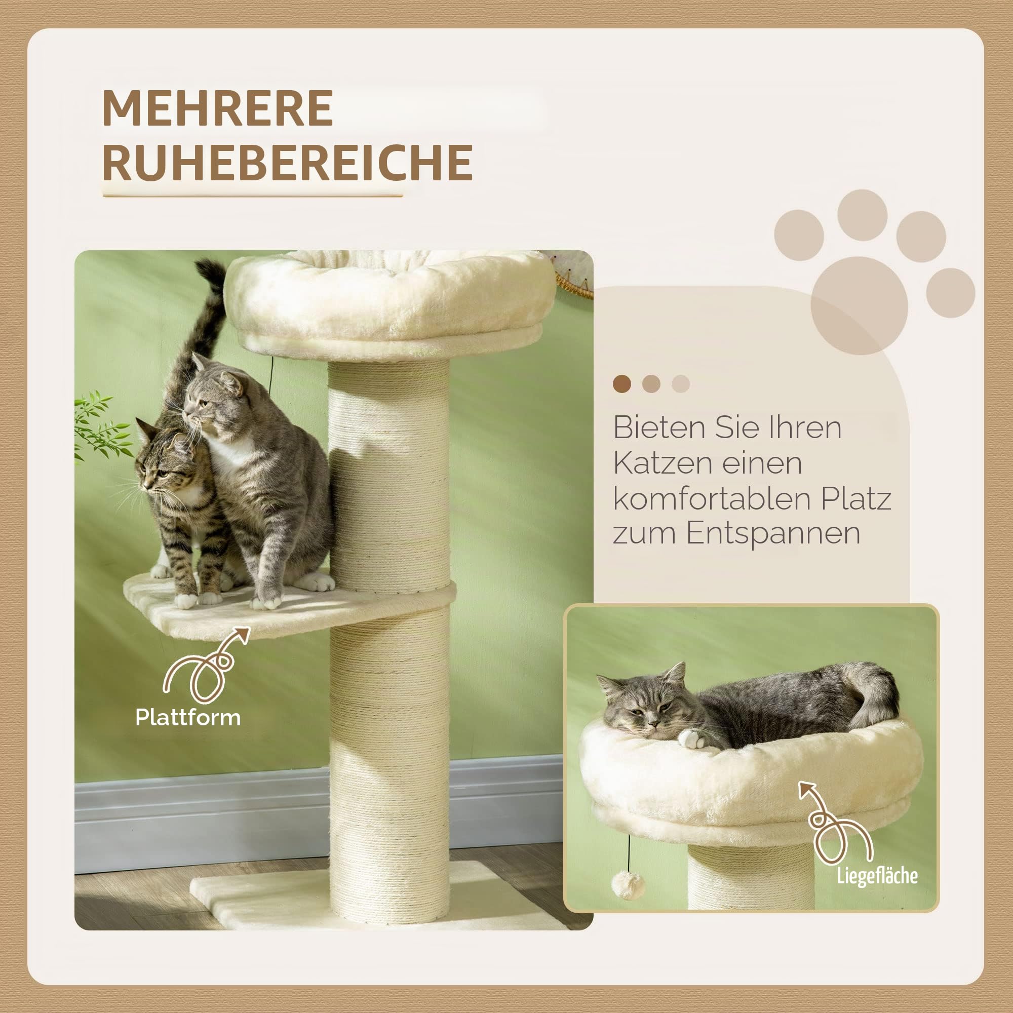 PawHut Kratzbaum für Katzen, mit Sisalpfosten, Plattform und Bommel zum Aufhängen, mit Plüsch, Beige