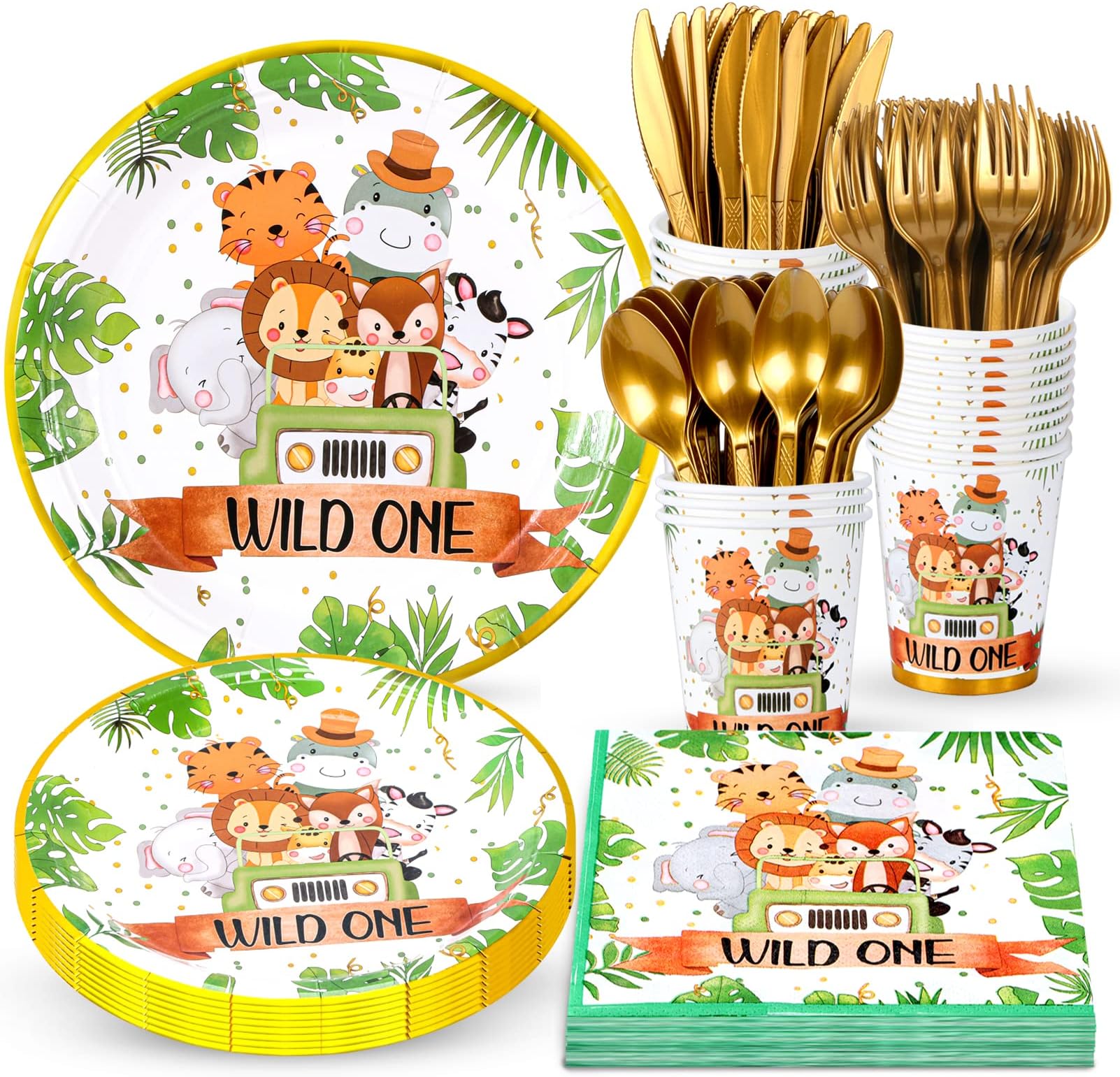 Wild One Birthday Decorations - Safari Birthday Decorations for Wild One, Jungle Theme Plates and Napkins, Cups, Cutlery, Straws, Baby Shower Tableware Set for Wild One Party Supplies Serves 24