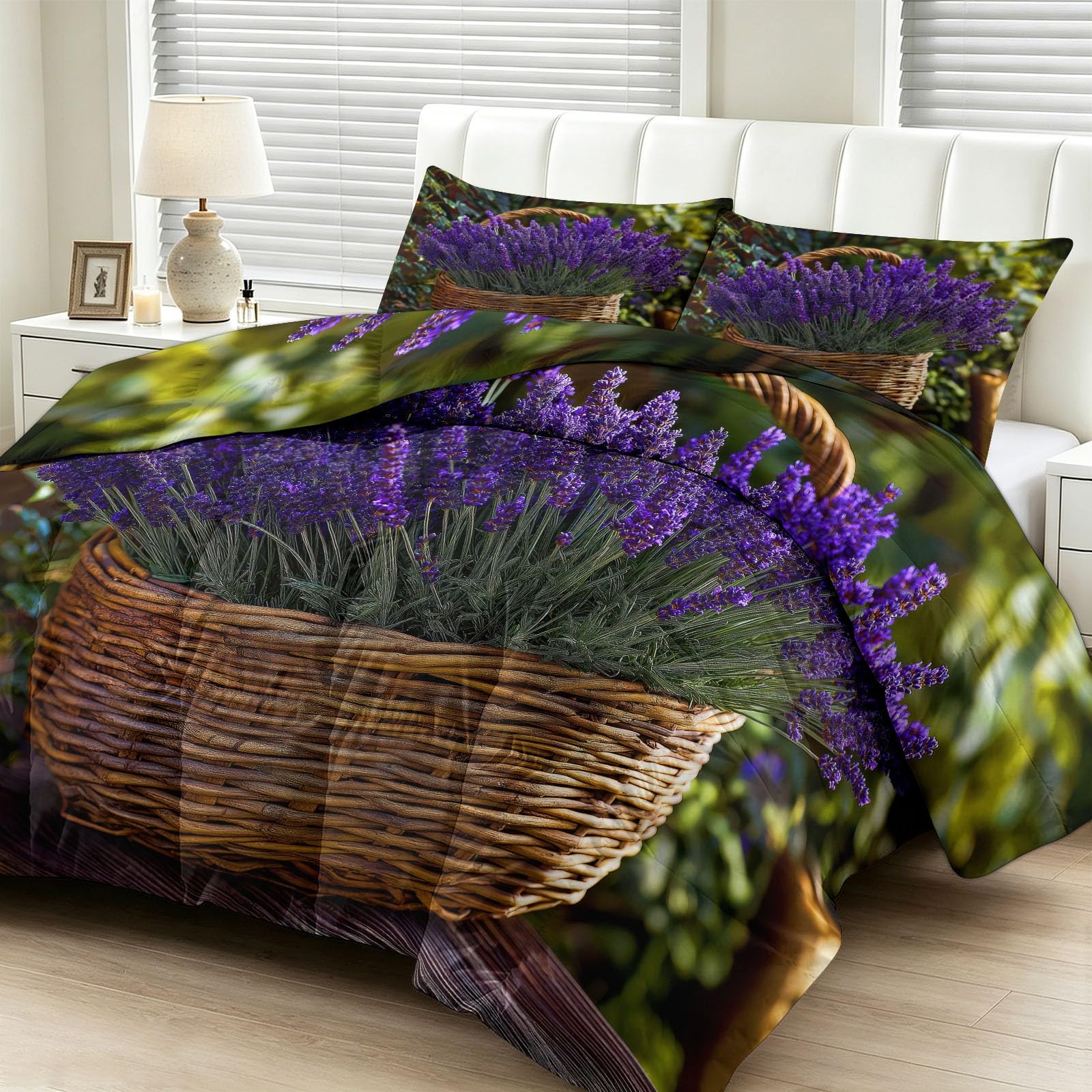 Genérico Kołdra z wypełnieniem nordyckim 220x240cm Lavender Flower Basket Quilt Bedding 3D Print Soft Breathable, Supersoft 4 Seasons with 2 Pillowcases