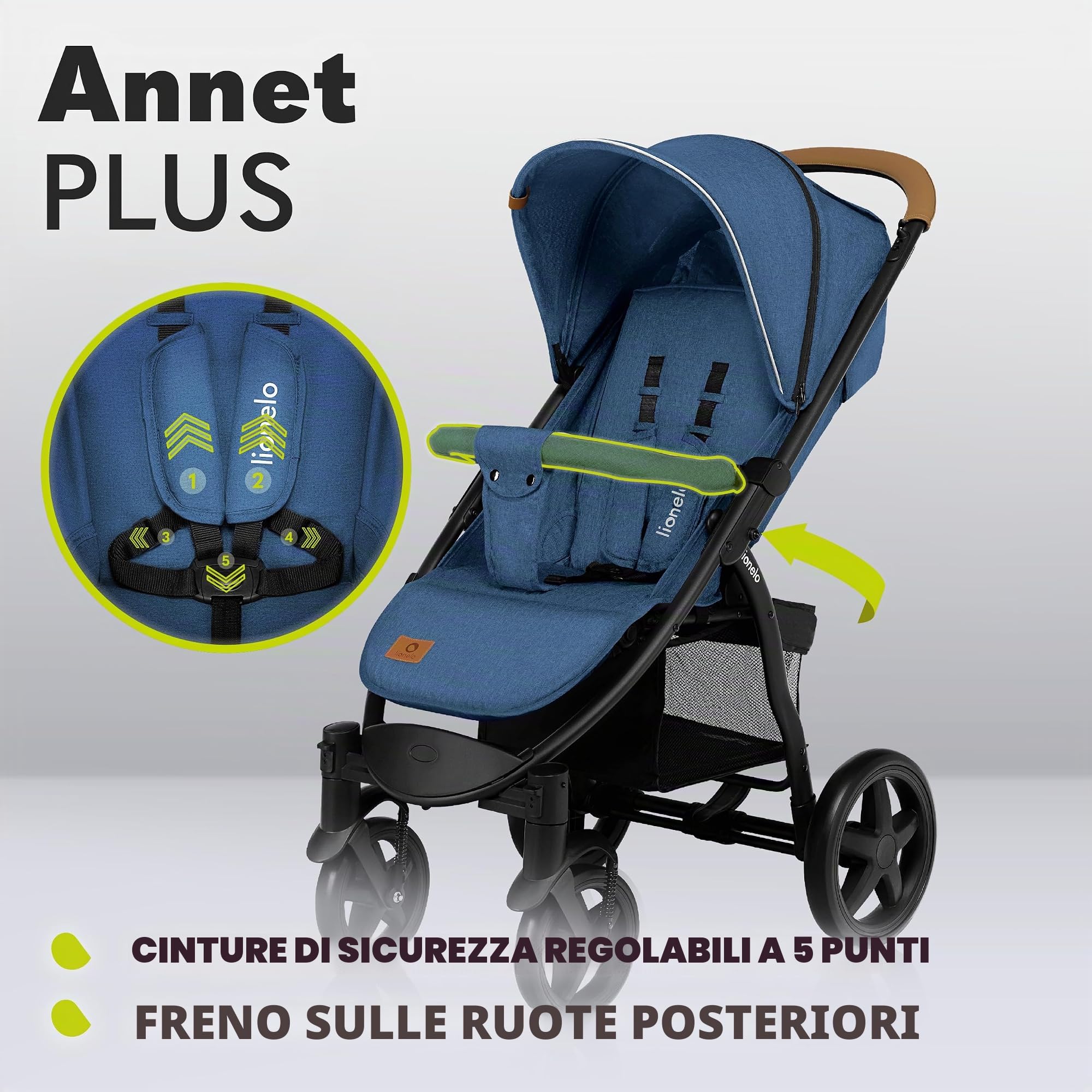 LIONELO Annet Plus - Passeggino dalla nascita ai 4 anni, 22 kg, leggero e pieghevole, con schienale reclinabile in posizione sdraiata, ruote in schiuma EVA, zanzariera, poggiapiedi, porta bevande,