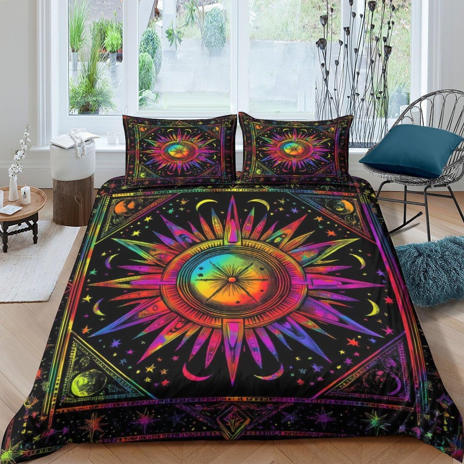 Ctjqhvkz Style-10 3D Printed Psychedelic Sun Fitted Sheet Microfiber Soft Bedroom Decor Rainbow Mandala Mattress Cover Washable Single（135X200cm）