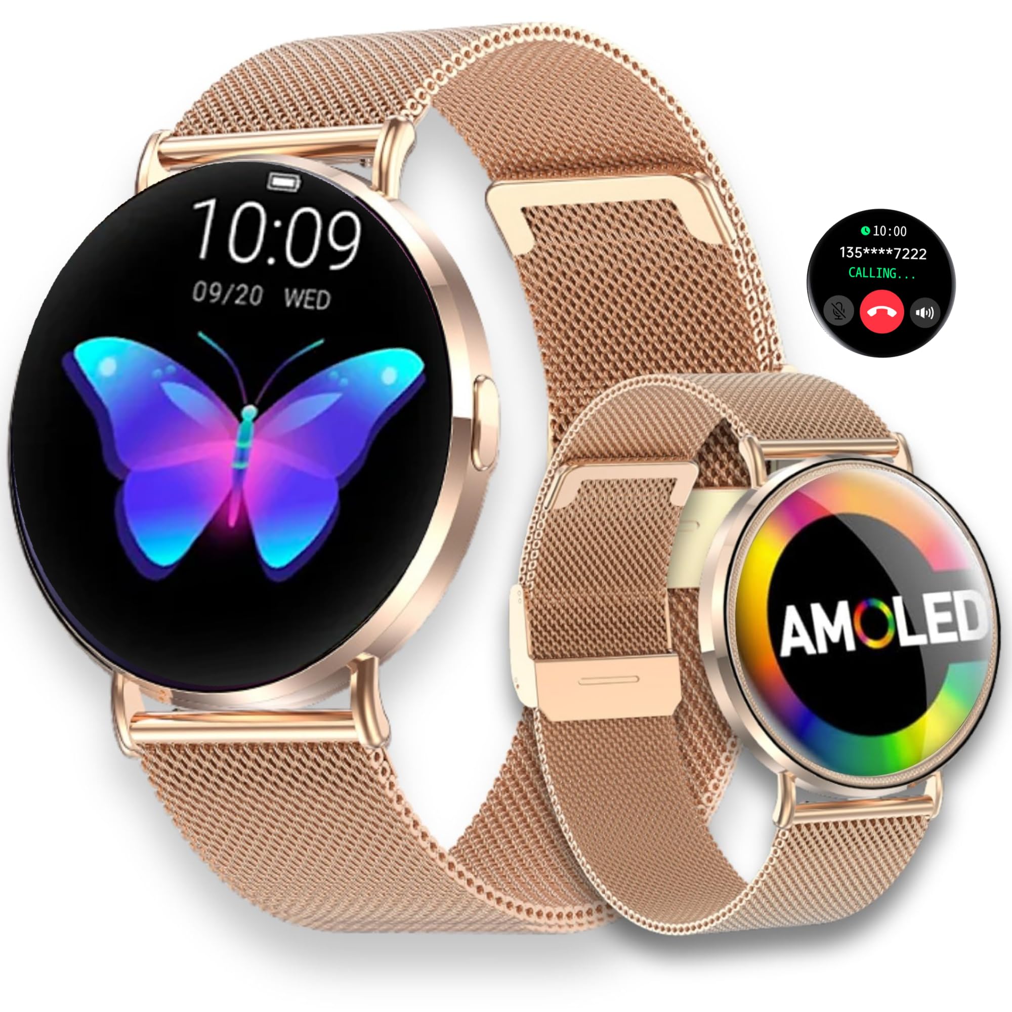 Smartwatch Donna Chiamate Bluetooth, 1.19" HD Smart Watch ROUND Orologio con Cardiofrequenzimetro SpO2 Sonno Fisiologia Femminile IP68 Messaggi 100 modalità Sportive iOS Android Oro Rosa