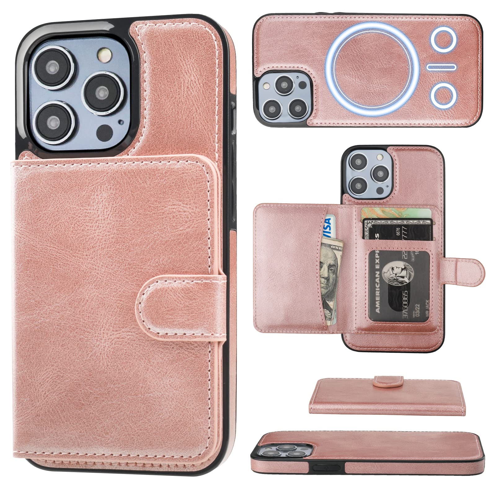 Bocasal Wallet Case for iPhone 14 Pro Compatible with MagSafe Magnetic RFID Blocking Detachable Premium PU Leather Flip Case with Card Slots Holder