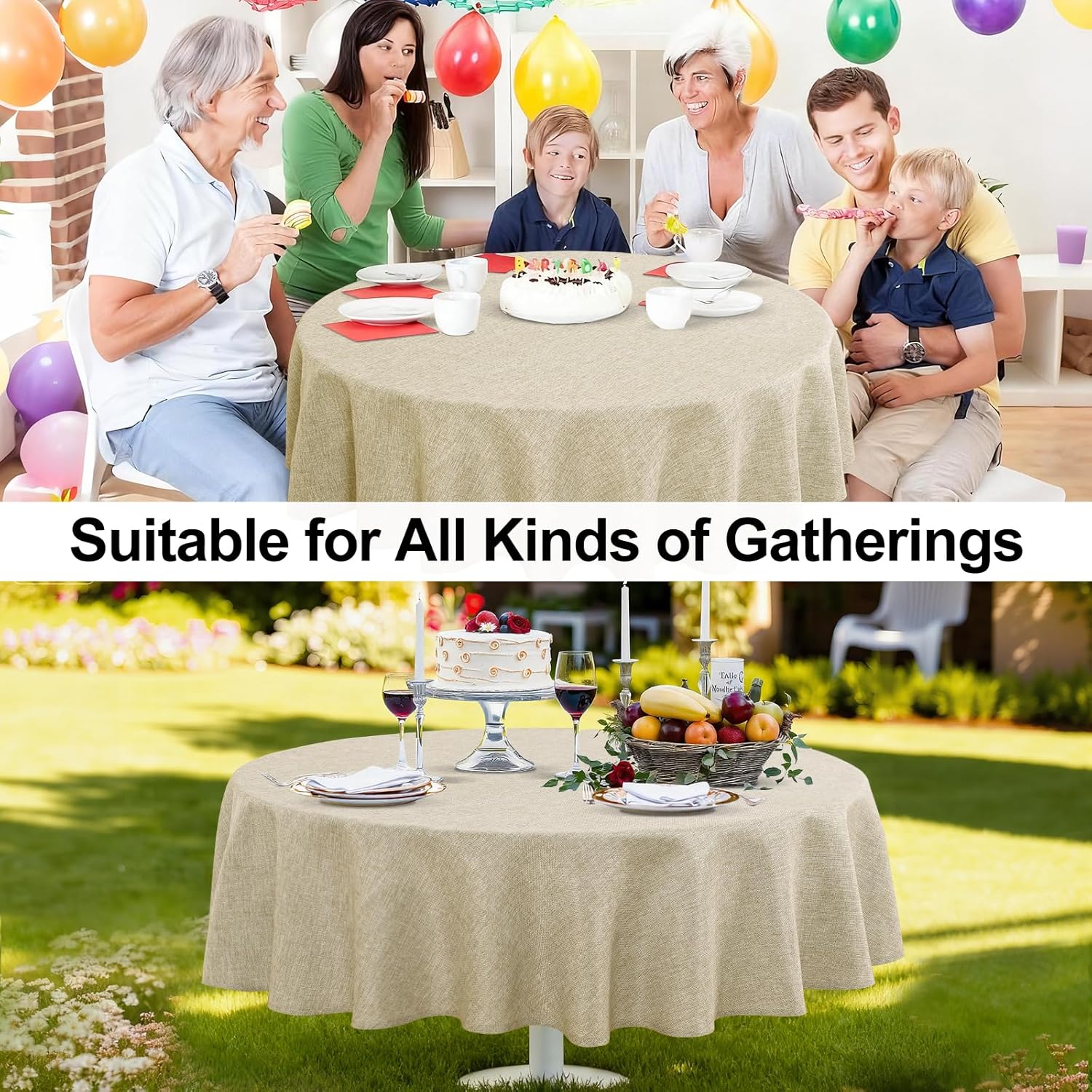 JIUZHEN Faux Linen Round Tablecloths 84 inch, Decorative Wrinkle Free Texture Rustic Circle Table Cloth Cover for Kitchen, Dining, Party, Wedding, Outdoor Use (84 Inch Round,Beige)