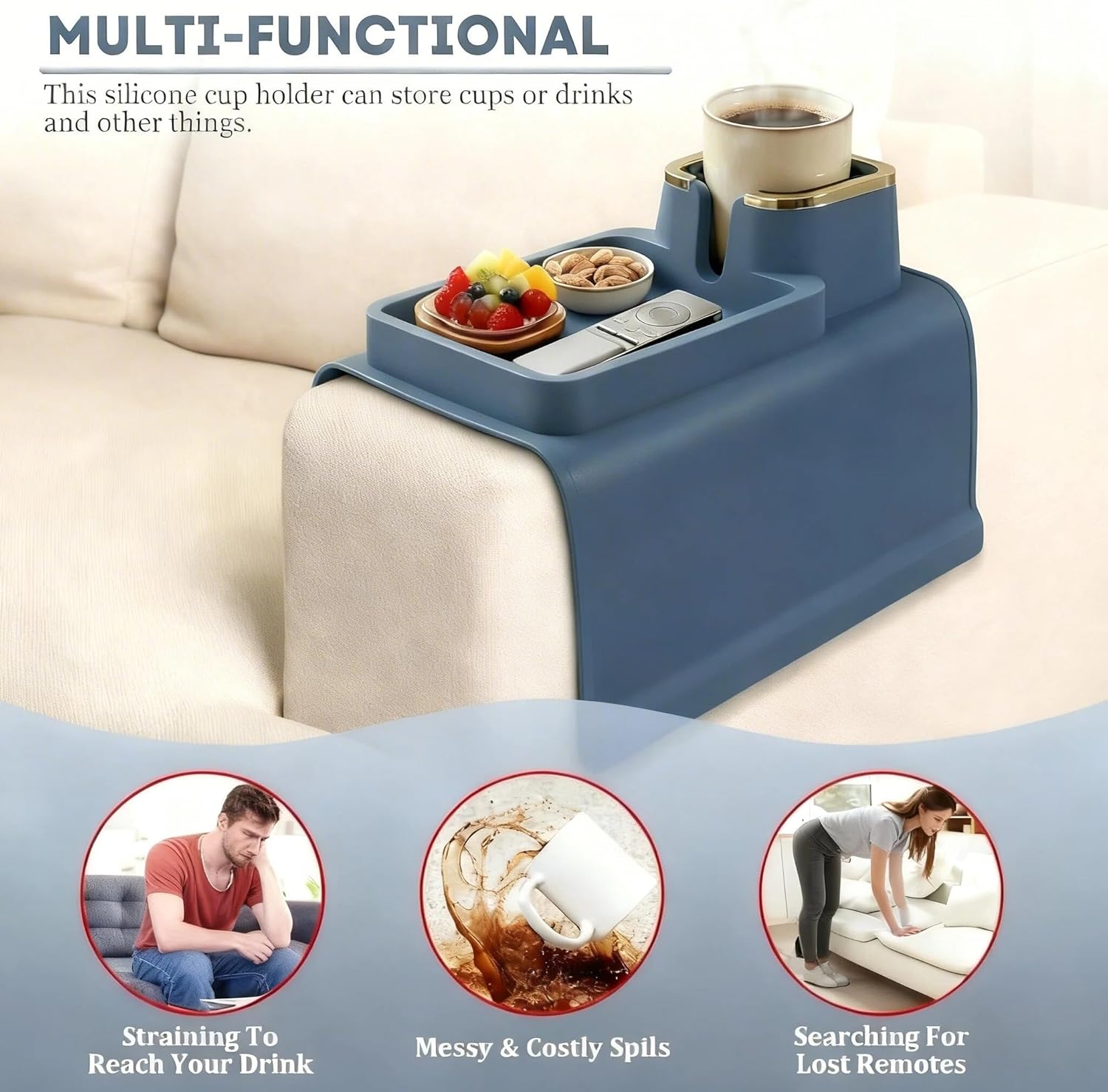 Luxury Gold Trim Couch Cup Holder Tray - Weighted Anti-Spill Cream Beige Silicone Sofa Armrest Organizer, Non-Slip Recliner Tray Table for Drinks, Remote, Phone - Fits Most Couch Arms