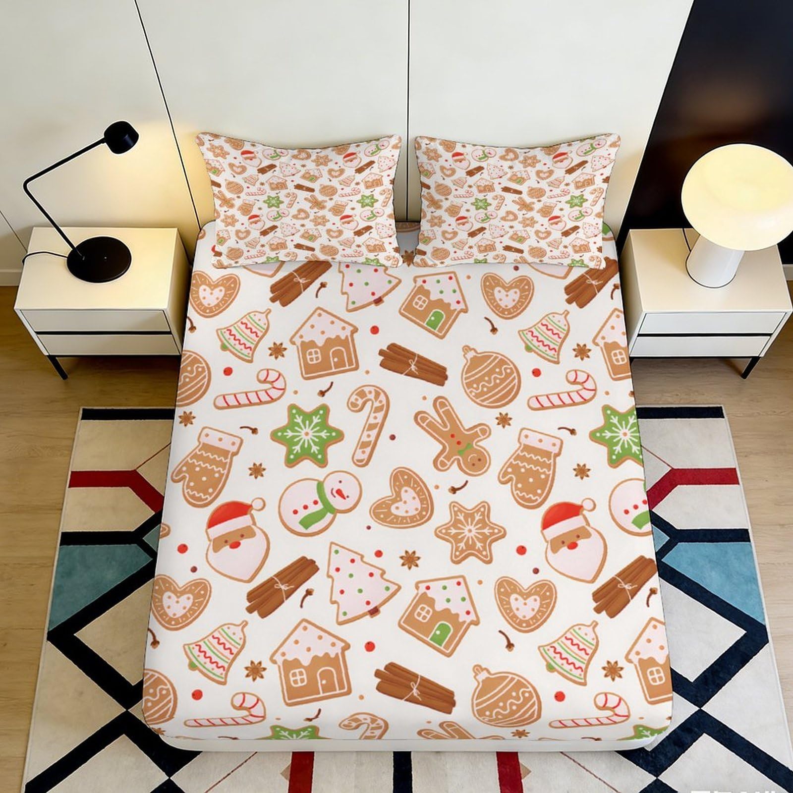 3D Printed Gingerbread Cookie Fitted Sheet Microfiber Soft Christmas Candy Bed Cover for Bedroom Dorm Decor 90x200x25cm