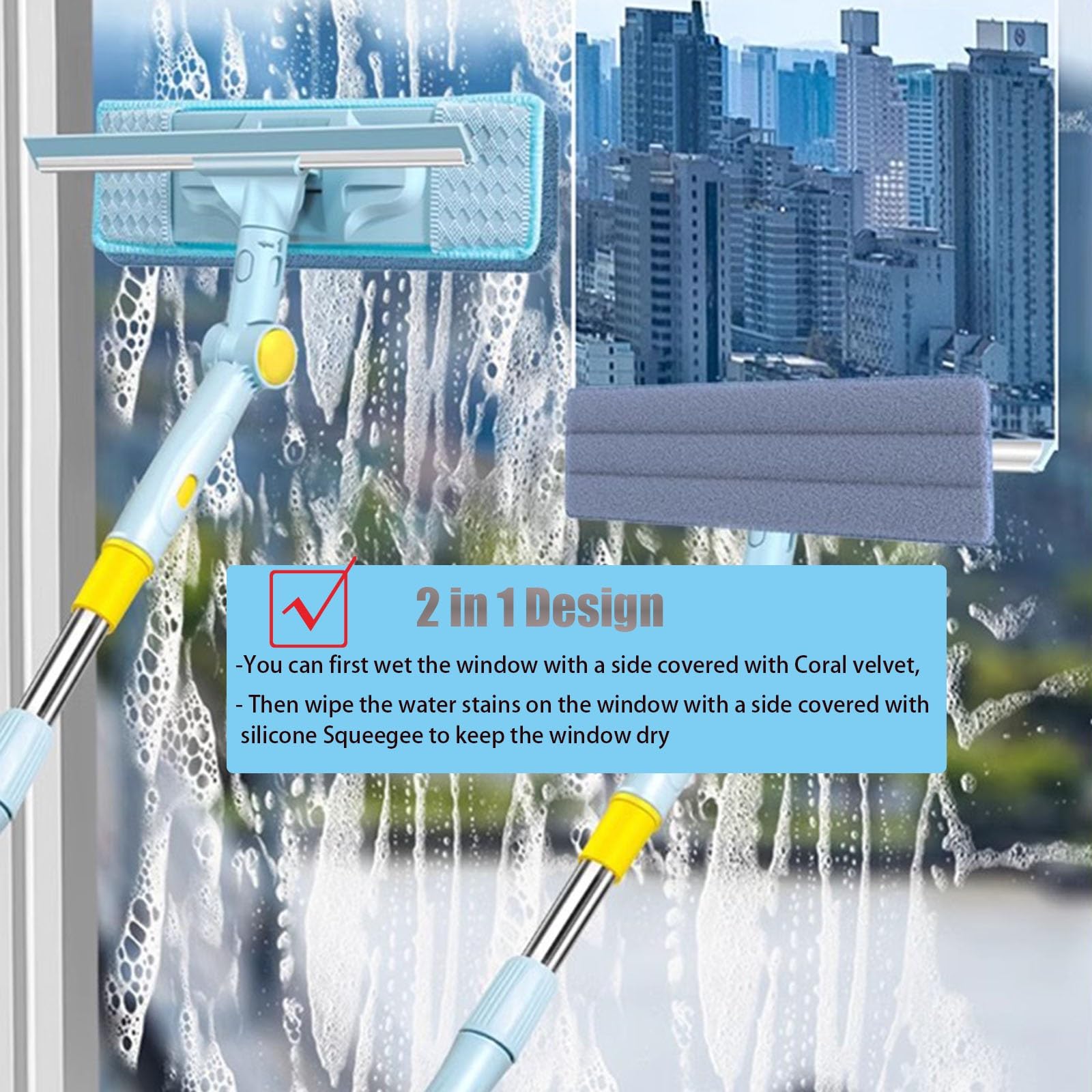 Limpiacristales Limpiador de Ventanas Escobilla limpia cristales, escobilla telescópica de acero inoxidable con cuchilla de goma, multiusos para limpiar parabrisas de coches, ventanas exteriores y del
