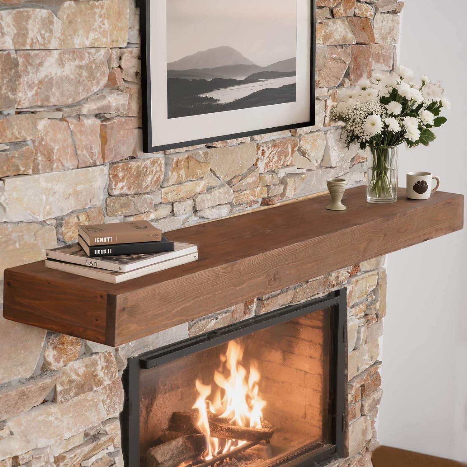 Fireplace Mantle Shelf - 54×8×3Inch Handcrafted Wall Floating Mantel Shelf for Over Fireplace - Rustic Traditional Wooden Fireplace Mantels with Invisible Heavy Duty Wood Bracket Darkwalnut 54×8×3"