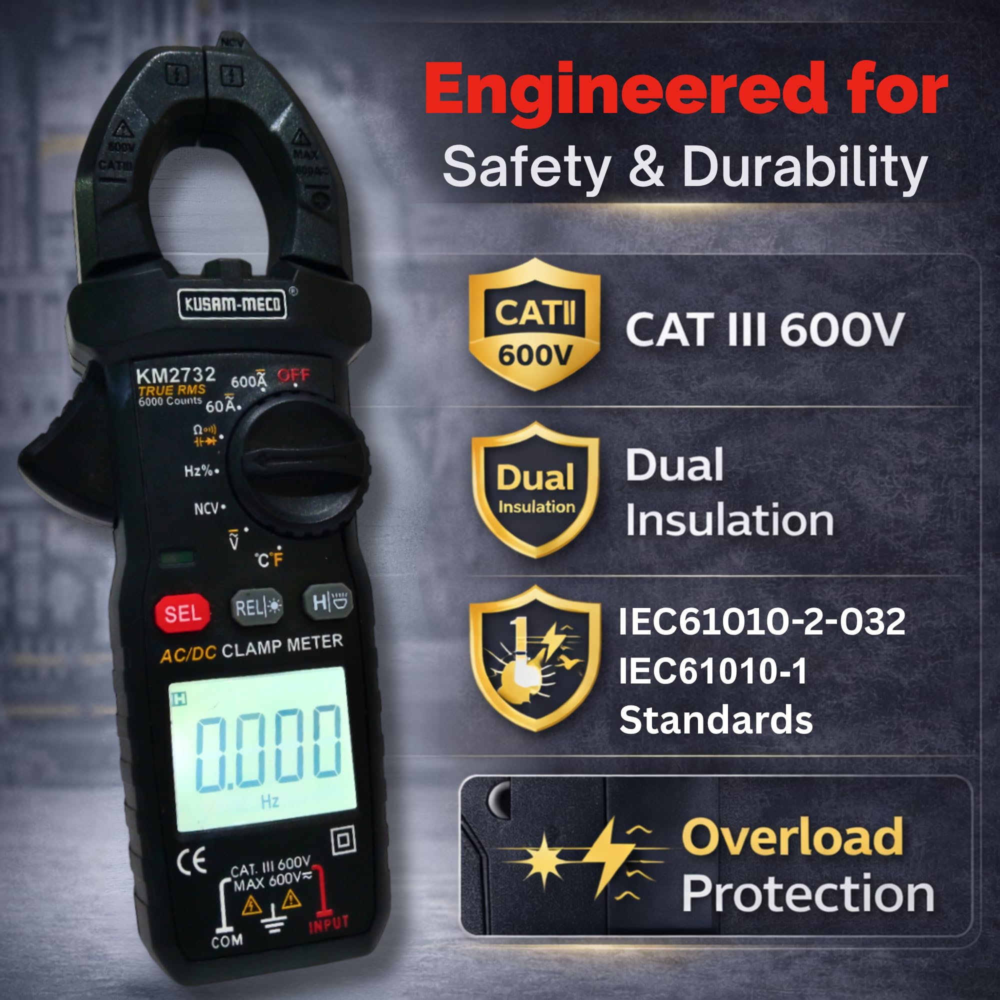 Kusam Meco KM 2732 600A AC/DC TRMS Digital Clamp Meter with Temperature, Capacitance & Frequency Measurement | 6000 Counts Backlit LCD | CAT III 600V Electrician Multimeter with Test Leads & Case 3