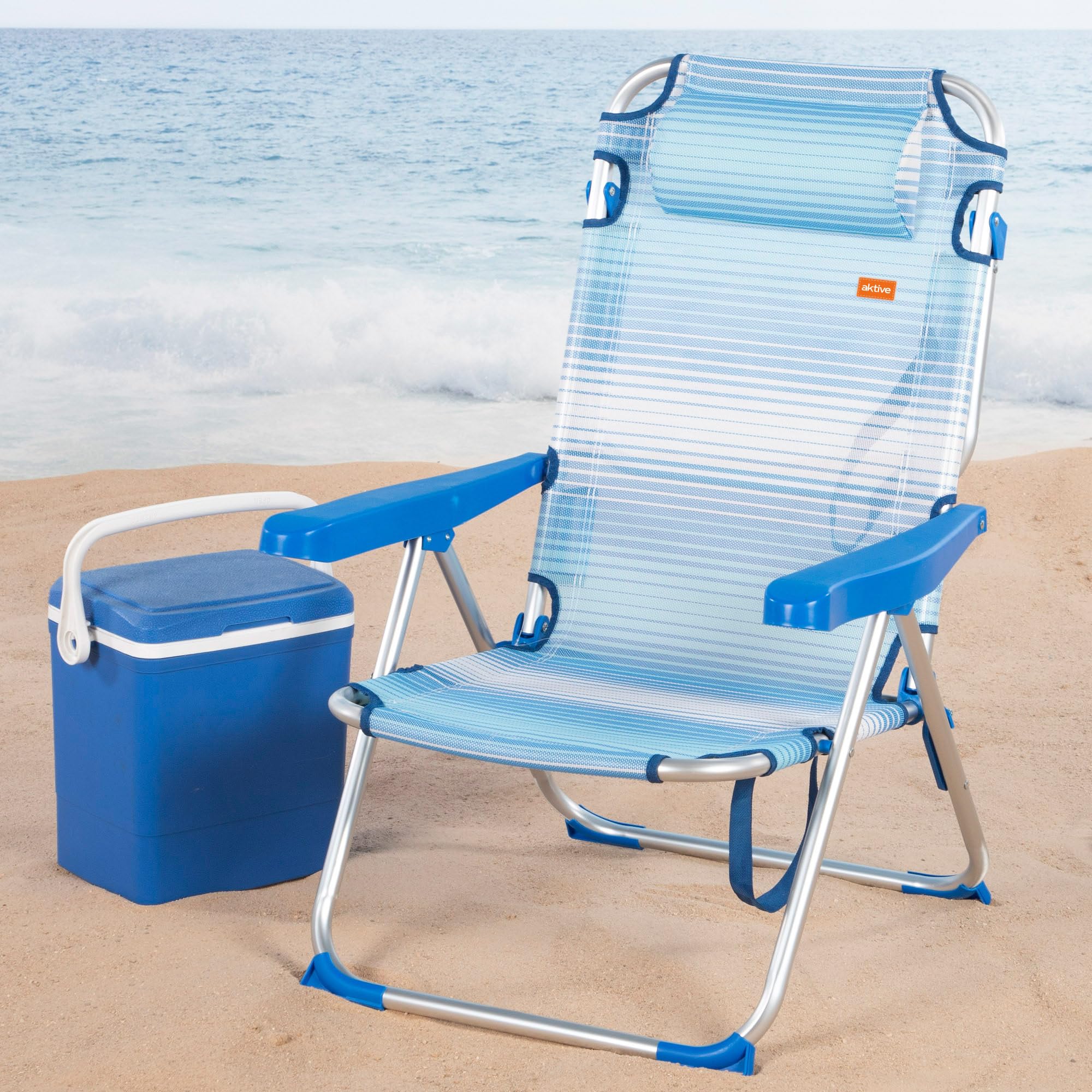 AKTIVE Pack 2 sillas de Playa Plegables y reclinables, Azul Rayas, 48 x 60 x 90 cm, 5 Posiciones, cojín Acolchado, asa de Hombro, reposabrazos ergonómicos, topes antivuelco, soporta 110 kg (85515)