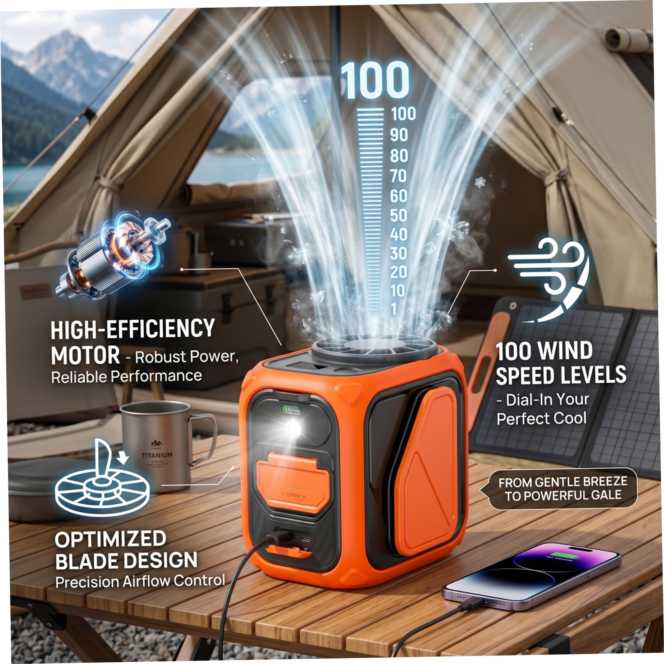 Ventilatore da cintura, piccolo ventilatore portatile con clip in vita con 100 velocità del e luce LED, uso multiscena per campeggio, ciclismo, corsa, pesca, arancione, clip in vita