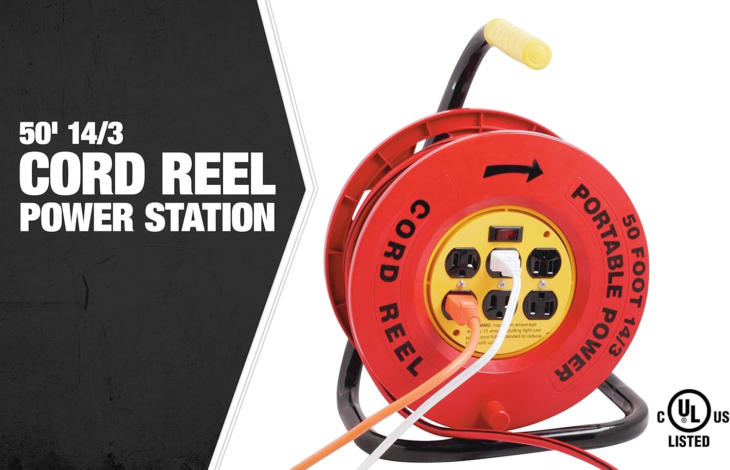 Southwire E-235 Power Stations Cord Reel - 14/3 Gauge Electrical Cord with 6 Grounded Outlets - Built-In Circuit Breaker & Lighted Power Switch - Red & Black - 50 Feet