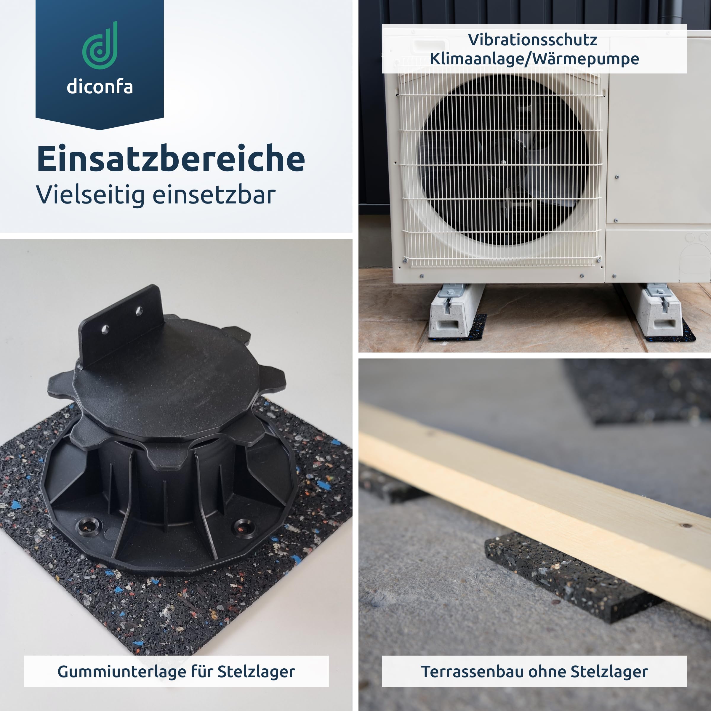 diconfa 50x Terrassenpads Gummigranulat 200x200mm, 5mm stark - WÄHLBAR - Dicke 3mm bis 20mm - Menge 1 bis 300 Stück - Gummipads Regenerat Plattenlager Stelzlager Terrassen-BAU Gerüstbau Transport