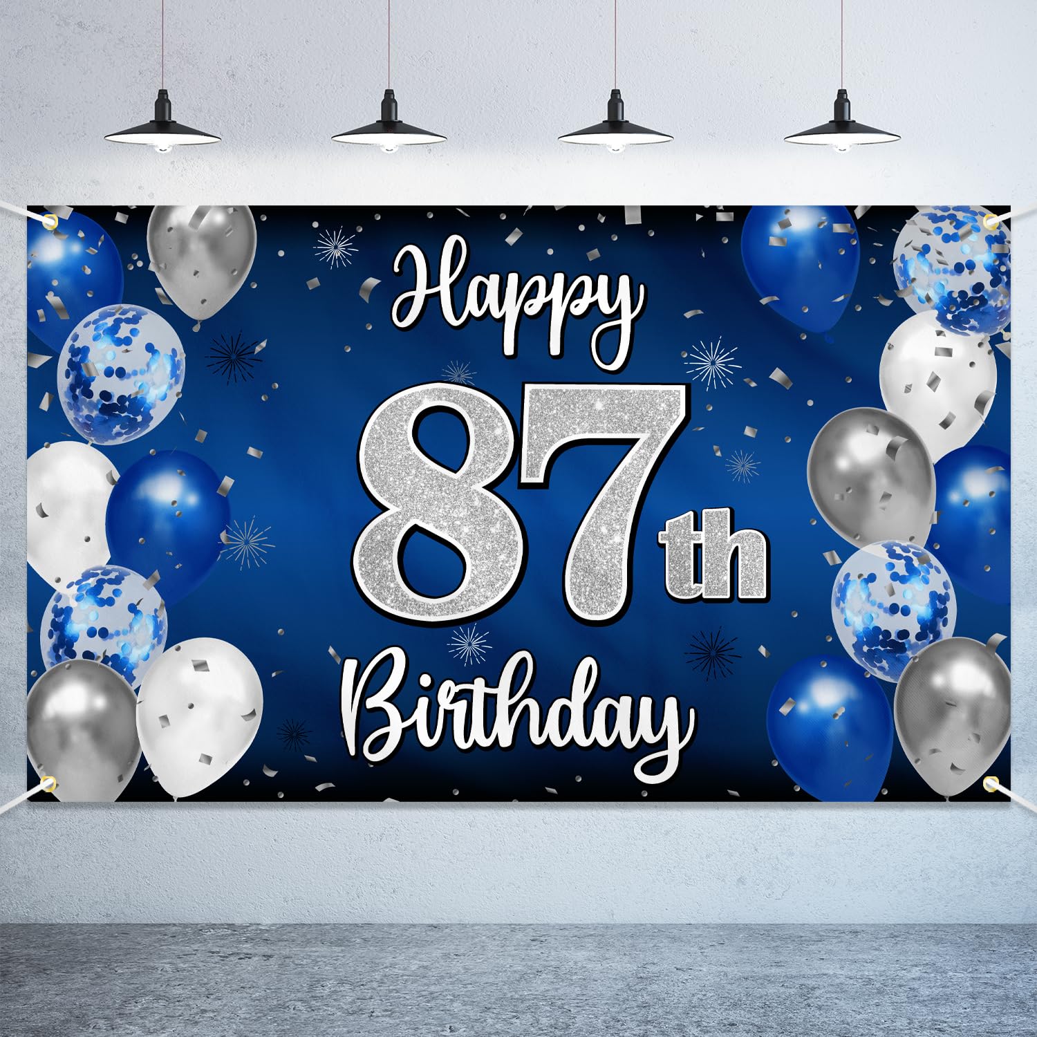 Nelbiirth Happy 87th Birthday Decorations,87th Blue & Silver Balloon Large Birthday Banner Backdrop Sign,Cheers to 87 Years Old Bday Party Supplies.