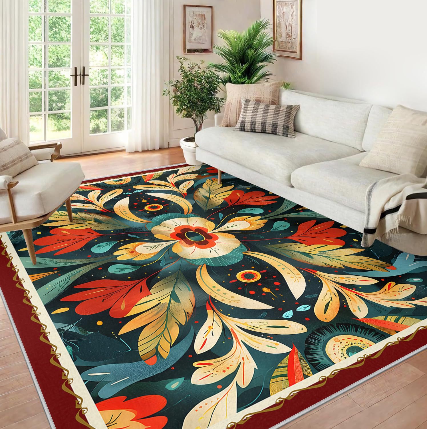 Tradycyjny dywan w kwiaty w stylu boho, estetyka, kolorowy dywan do salonu, miękki, łatwy do czyszczenia, prostokątny dywan do pokoju zabaw w biurze, 60 x 120 cm