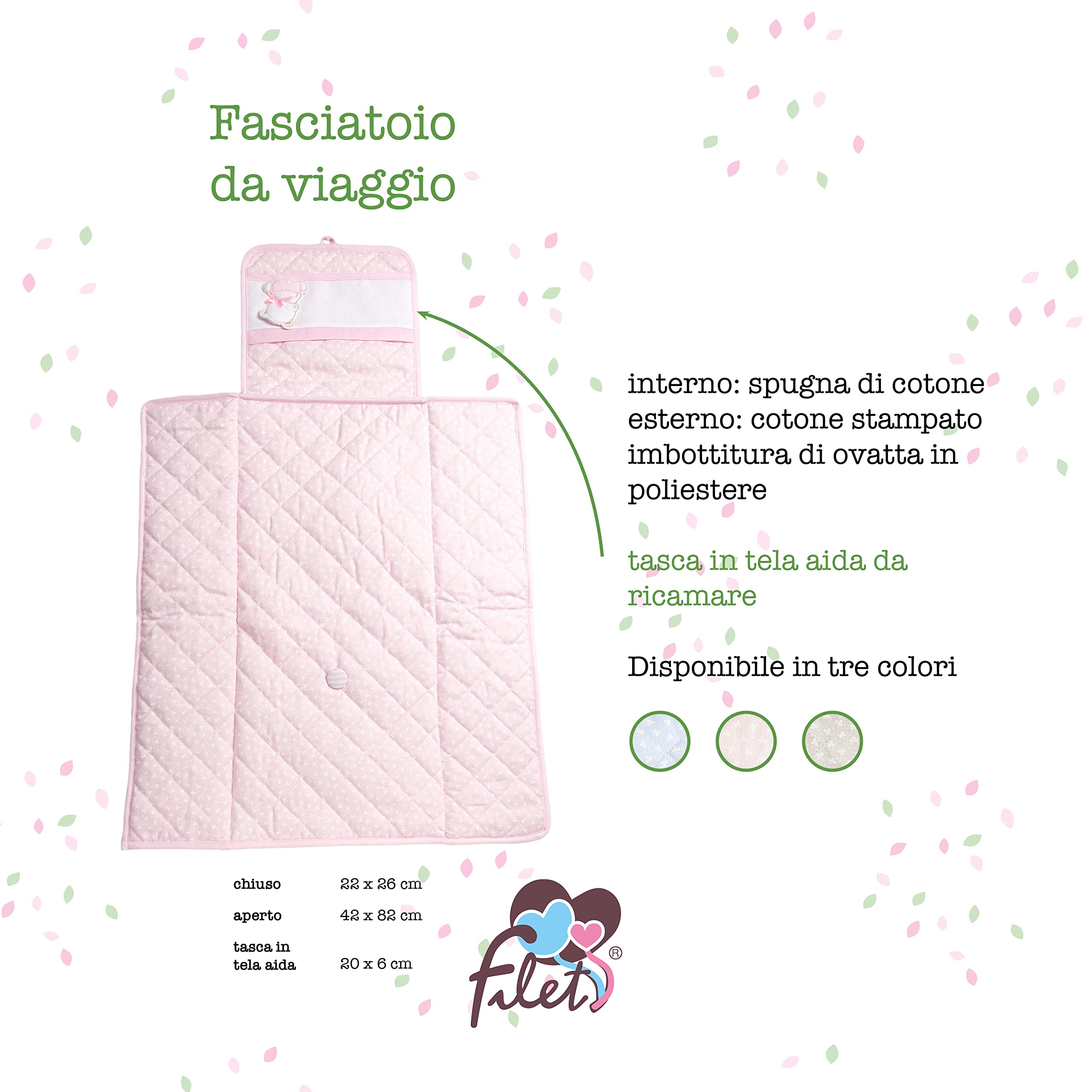 FILET - Fasciatoio da Viaggio, Fasciatoio Portatile per il Cambio Pannolino, Realizzato in Cotone Imbottito, con Tasca in Tela Aida da Ricamare, Made in Italy, Trifoglio Rosa