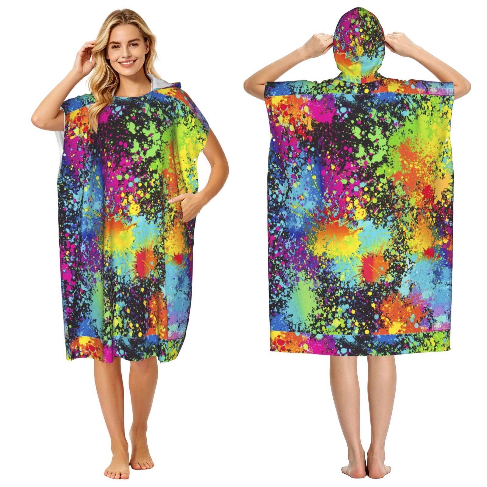 Poadnly Rainbow Of Neon Paint Splatters, Adult Hooded Beach Towel 90 x 110 cm,Changing Bath Robe, Surf Poncho Towel For Women Men