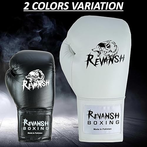 Miniatura 2 de Revansh Prolace - Guantes de boxeo de piel de vacuno, unisex, entrenamiento profesional y sparring, color blanco y negro, tamaños 12 onzas, 14