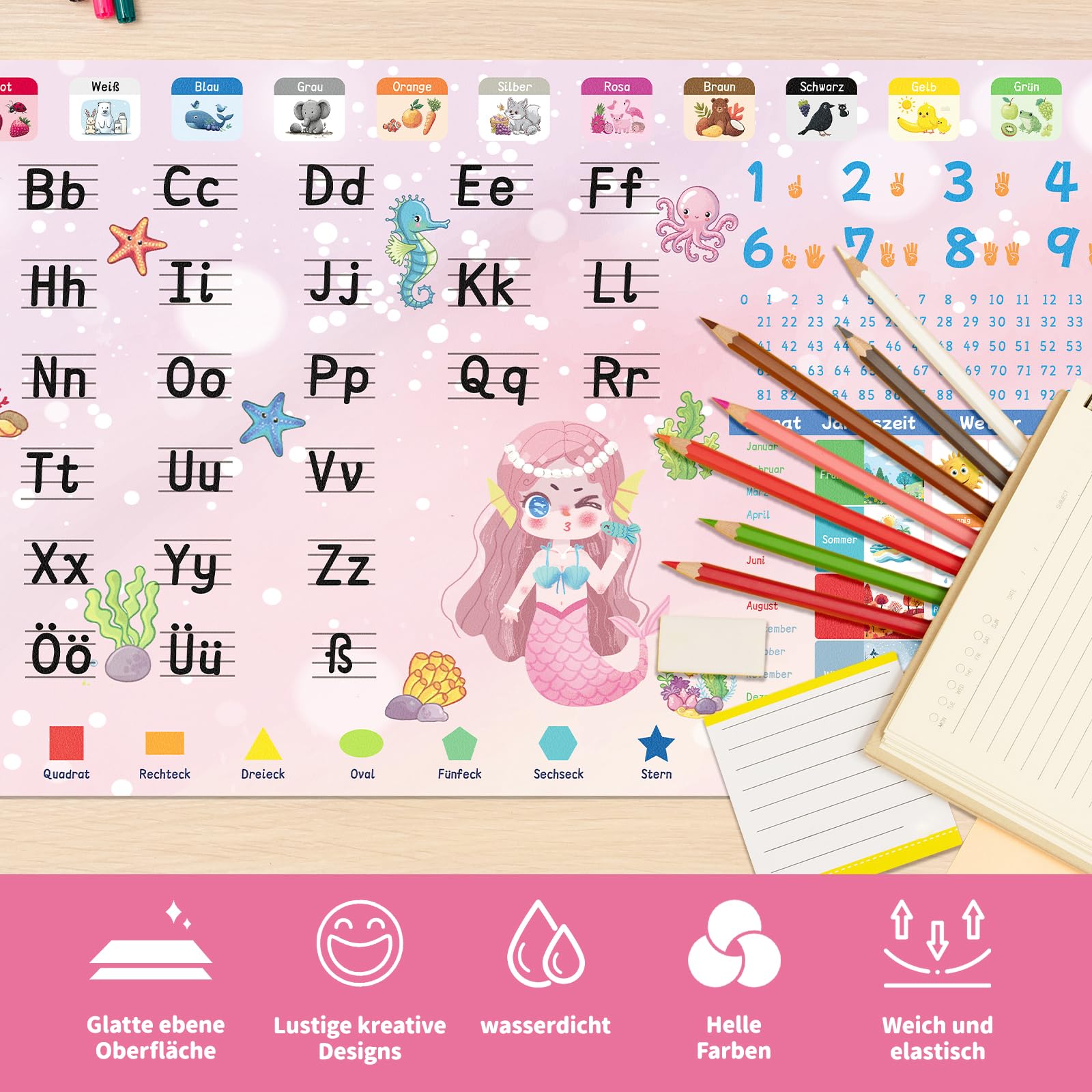 Niviy Schreibtischunterlage Kinder 80X40CM Meerjungfrau | XXL Mauspad Lernunterlage PU-Leder, rutschfest, wasserfest, abwischbar, Schreibunterlage Geschenk für Mädchen Schulanfang