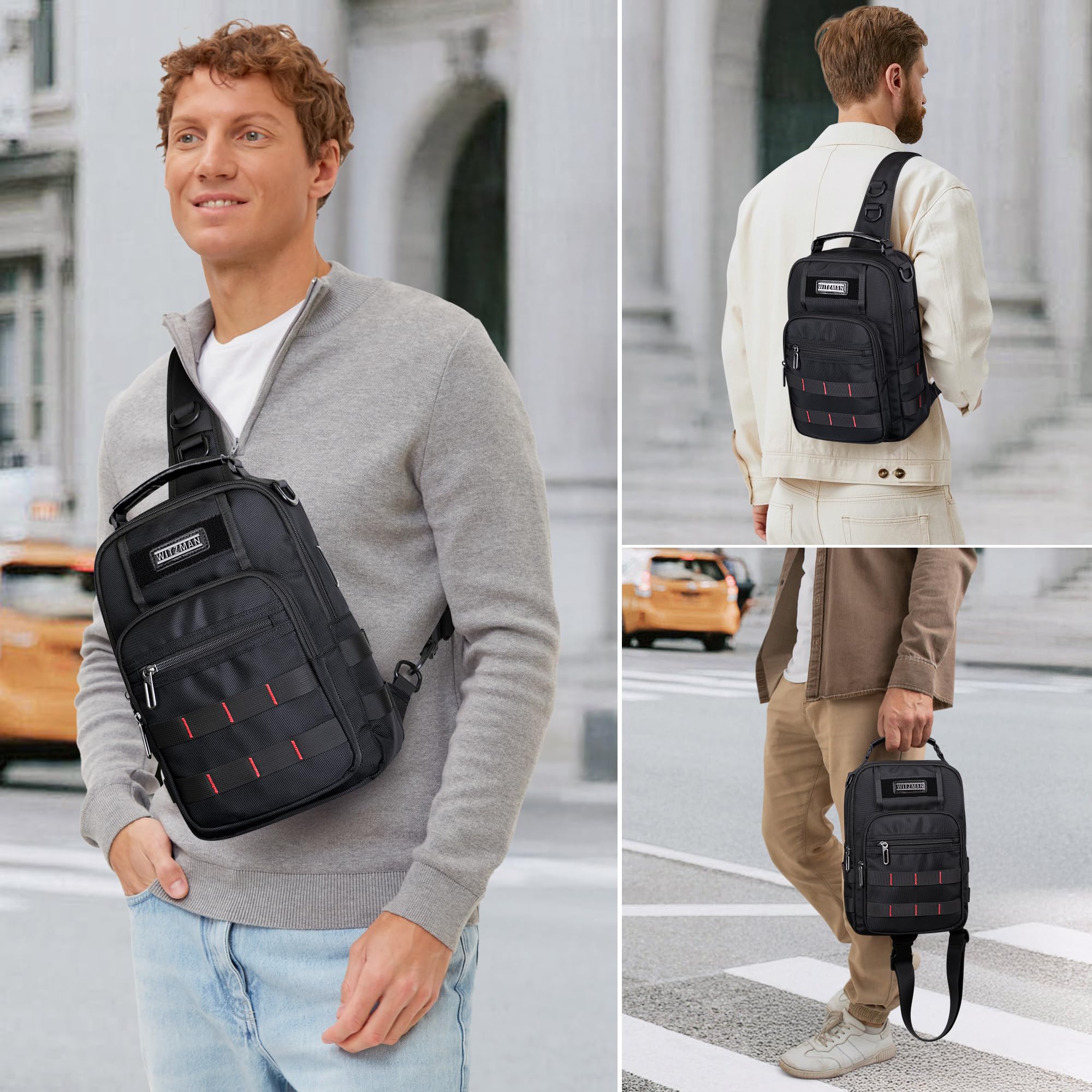 WITZMAN Umhängetasche für Herren 9L Große Sling Bag mit USB-Ladeport