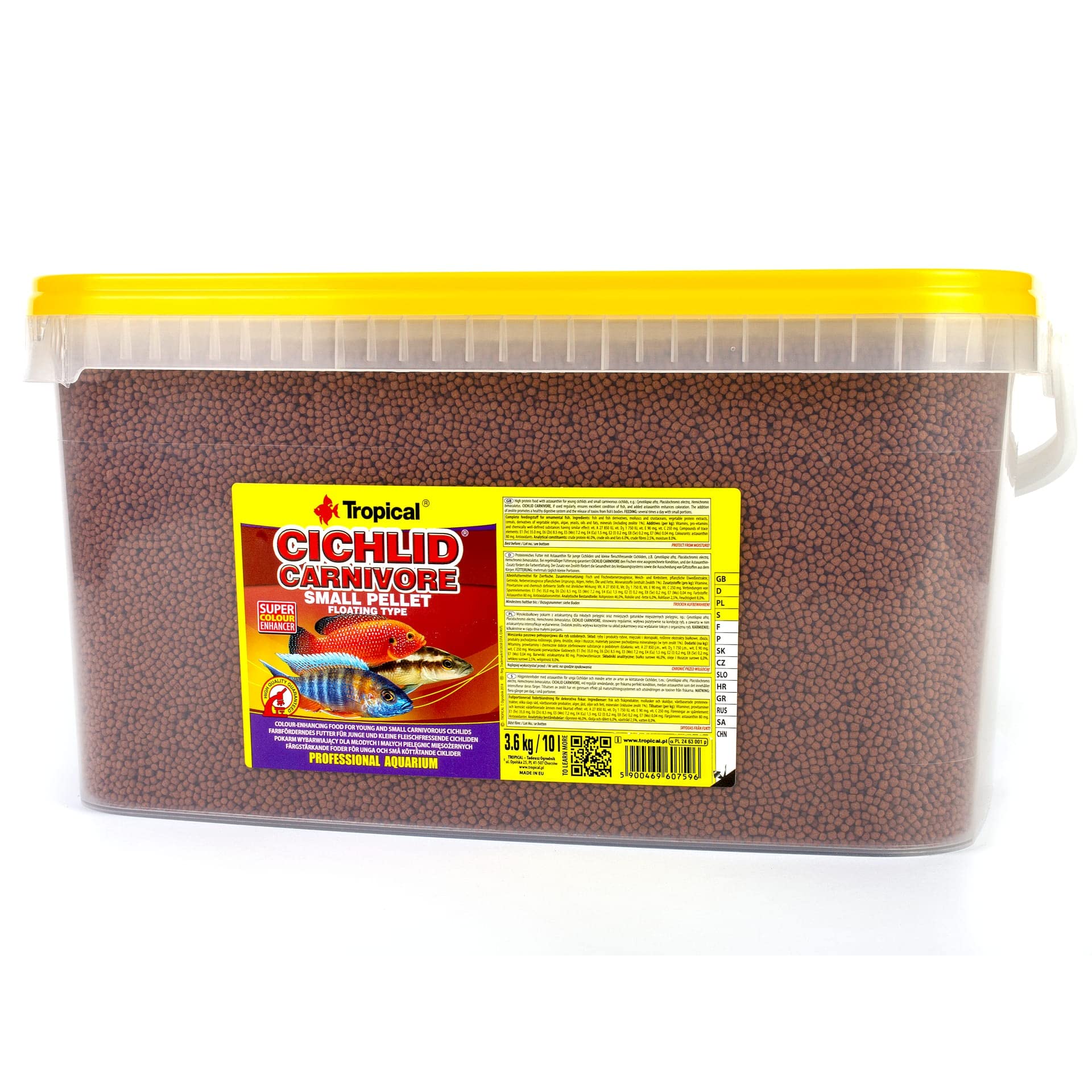 Tropical Cichlid Carnivore Small Pellet 10L / 3,6kg - Mangime ad Alto Contenuto proteico con astaxantina per Piccoli ciclidi
