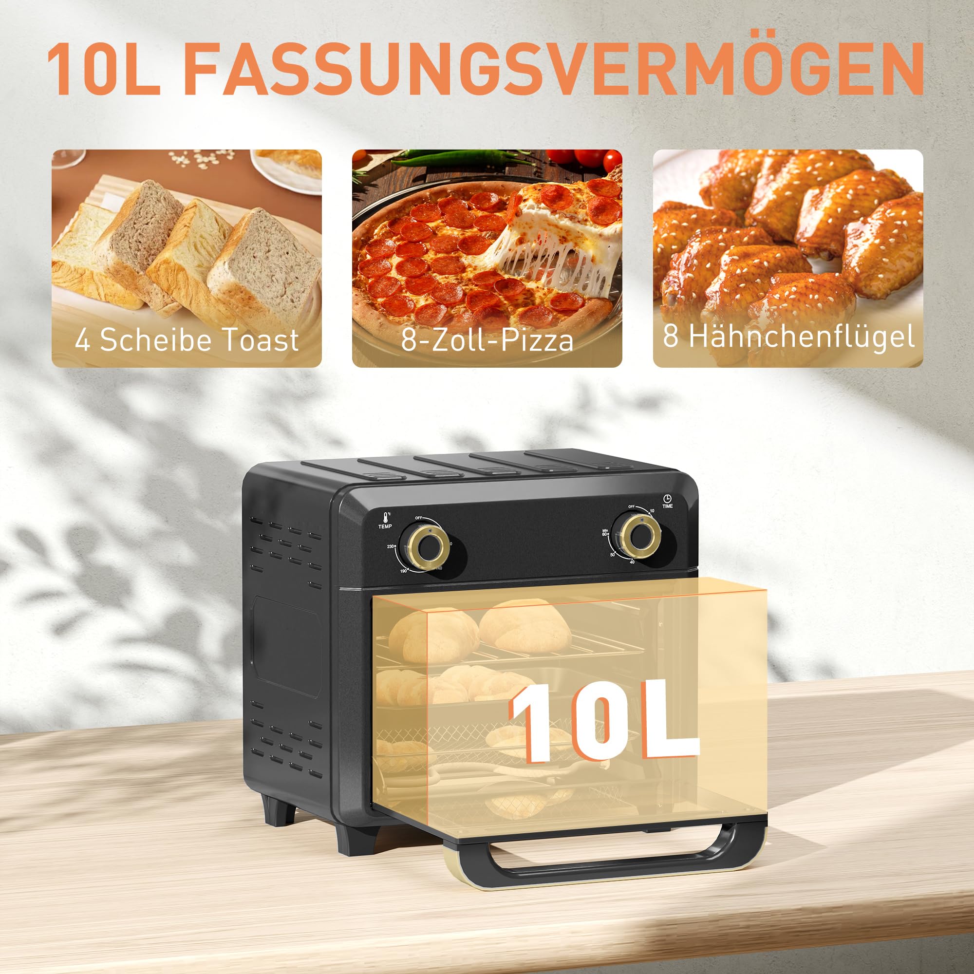 HOMCOM Mini-four à chaleur tournante, 10L friteuse à chaleur tournante, Petit four avec minuterie 60 min et éclairage intérieur, 80-230℃, 3 niveaux de chargement, accessoires résistant au