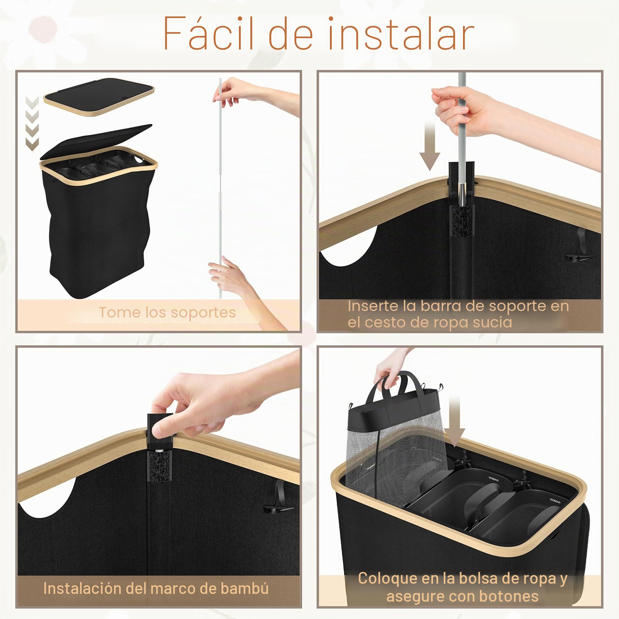 Froadp Cesto para la colada con 3 compartimentos, 140 L, plegable, con tapa, para baño y dormitorio, cesta resistente con asas, 3 bolsas de lavandería lavables (negro)