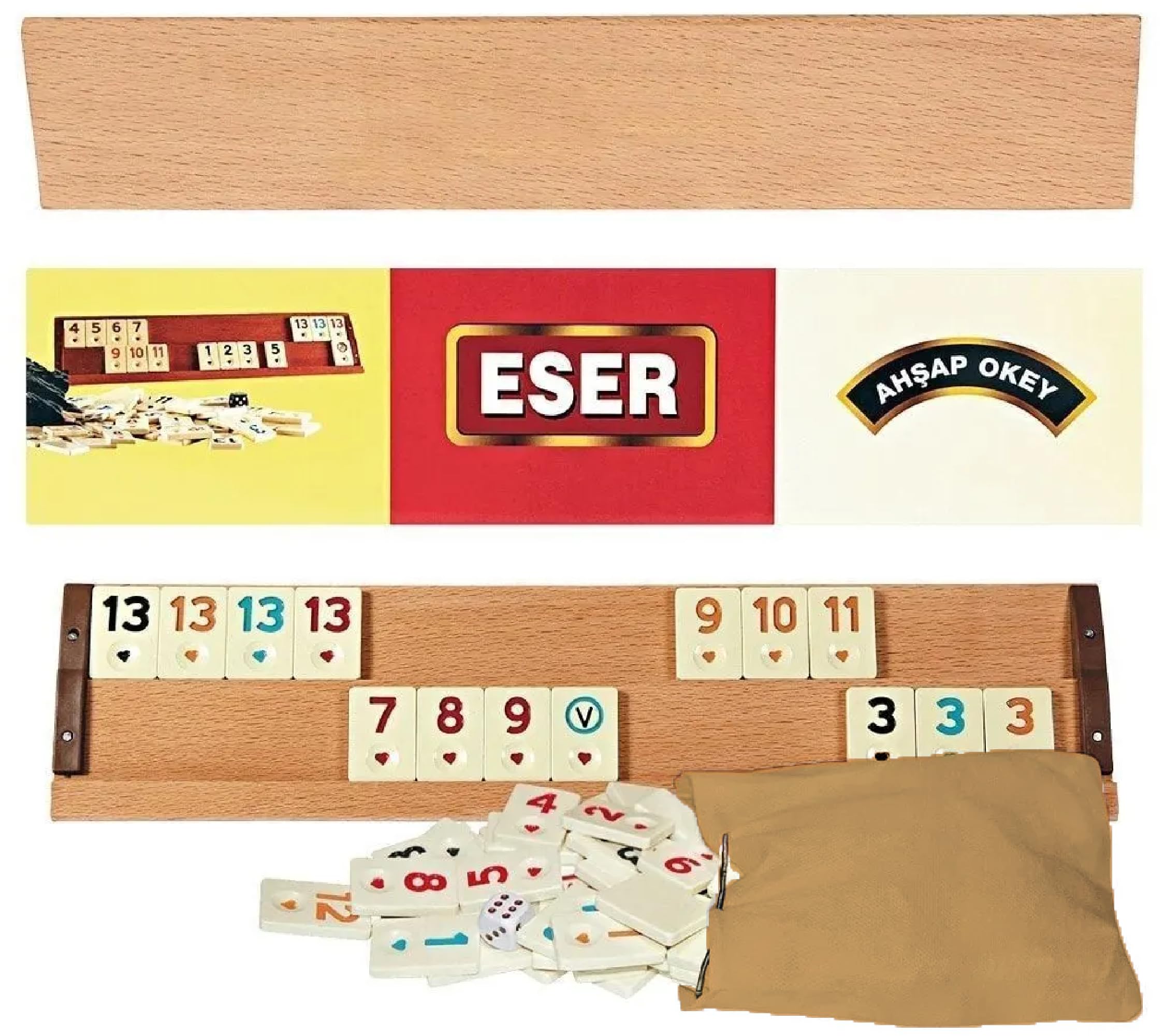 HakanTurkish Okey Game Rummy Cube Game Rummy Cube Set with 4 Straight Wooden Racks Tile Holder and 106 Melamine Tiles Stones in Pouch