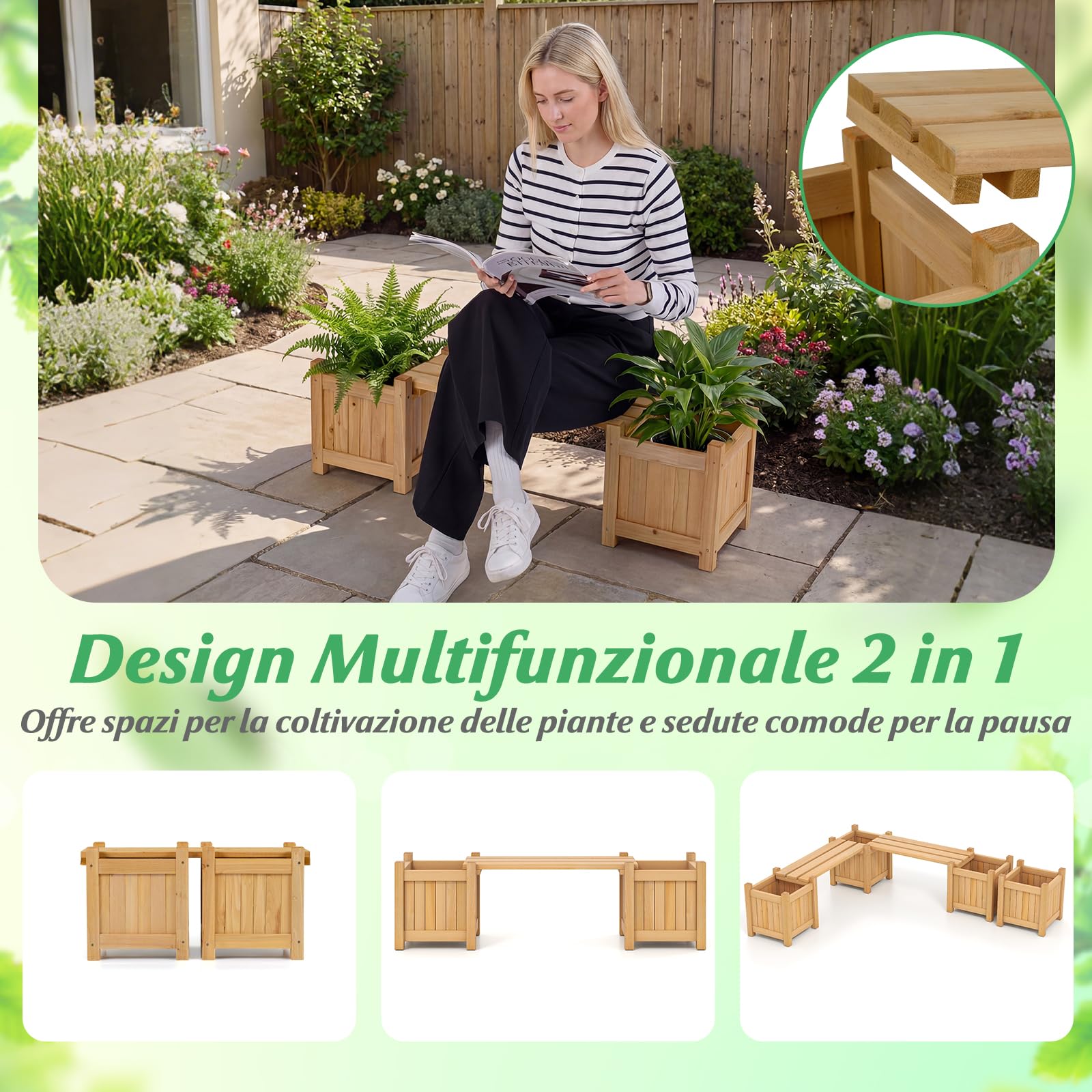 COSTWAY Fioriere da Esterno con Panchina, Letto Rialzato da Giardino in Legno Massello con e Base Aperta, Fioriere Elevate per Patio, Cortile e Veranda (Naturale, 105 x 26,5 x 29,5 cm)