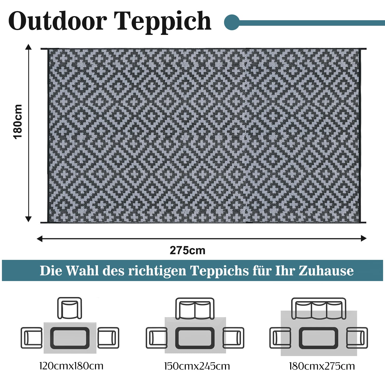 Alishomtll Tappeto per esterni, 180 x 275 cm, resistente alle intemperie, in polipropilene, impermeabile, per terrazze, giardino, balcone, reversibile, resistente ai raggi UV, per barbecue, picnic