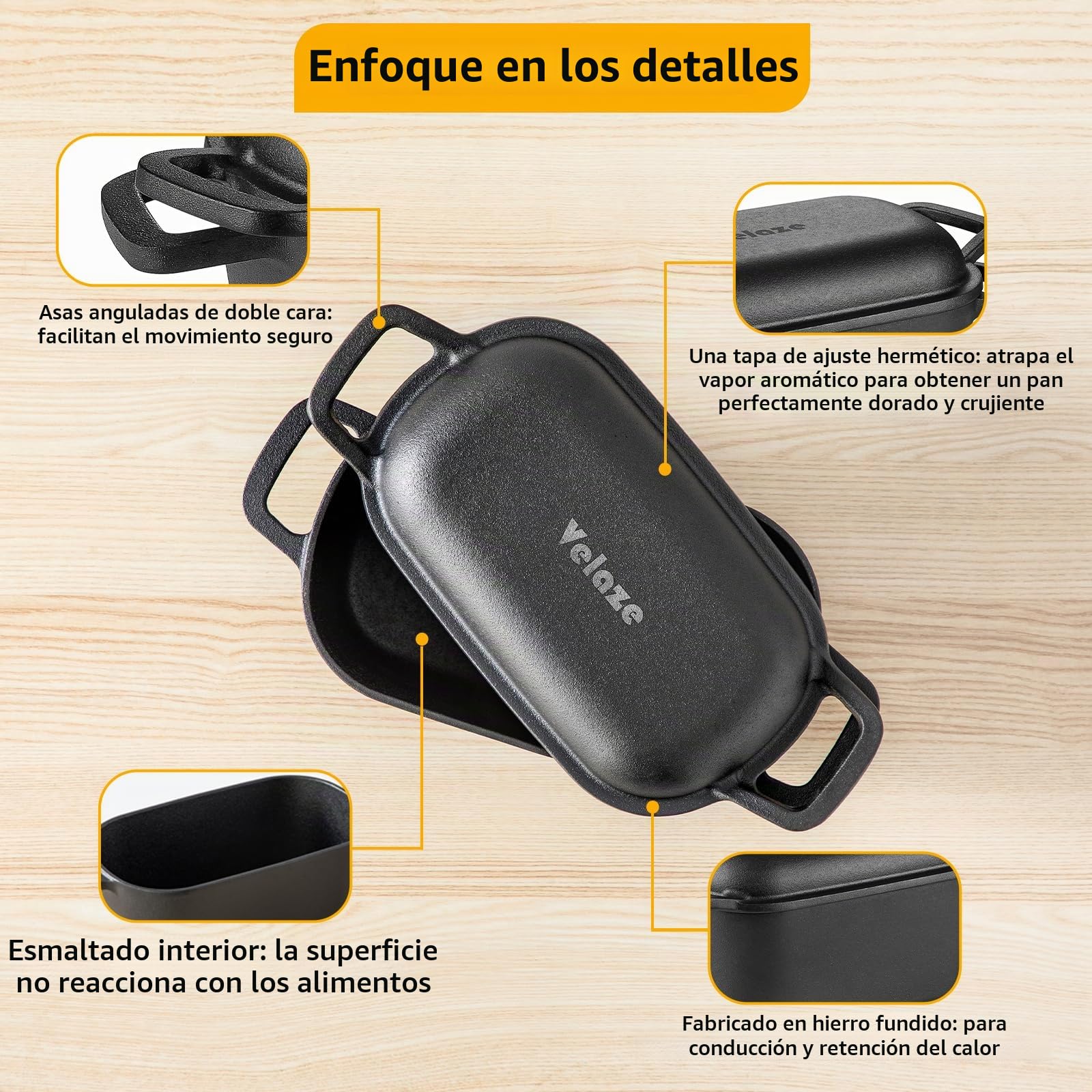 Velaze Olla de Hierro Fundido para Pan 3.4L - Cacerola Holandesa Rectangular 27x15 cm con Tapa, Interior Cremoso Antiadherente - Adecuada para Inducción (Negro)