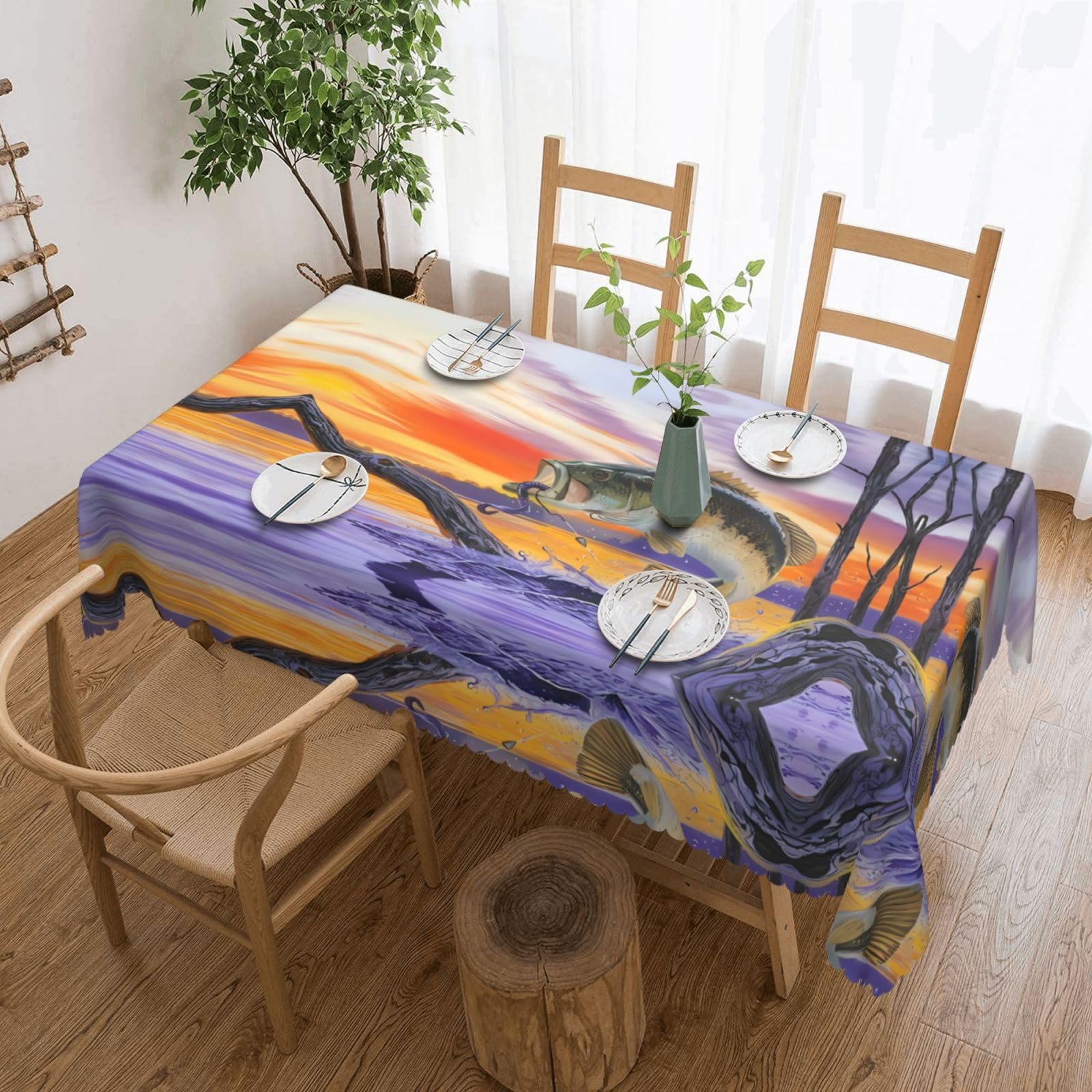 HLSBSSL Bass Fish Patterned square lace tablecloth, wrinkle-resistant and durable, suitable for dining tables, parties, etc.
