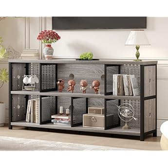 LVB Bookcase Bookcase with 8 Open Compartments Standing Shelf with 2 Levels Cube Shelf with Wood and Metal Horizontal Office Shelf for Living Room Office Study Grey 34 D x 160 W x 76 H