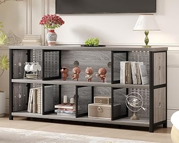 LVB Industrial Cube Bookcase, Horizontal Bookshelf, Light Grey Oak 63 in | 4 5 6 7 8 Wood Metal Bookshelves, Modern Wide Organizer Storage Shelf, Large Long Book Shelf for Office Bedroom Living Room