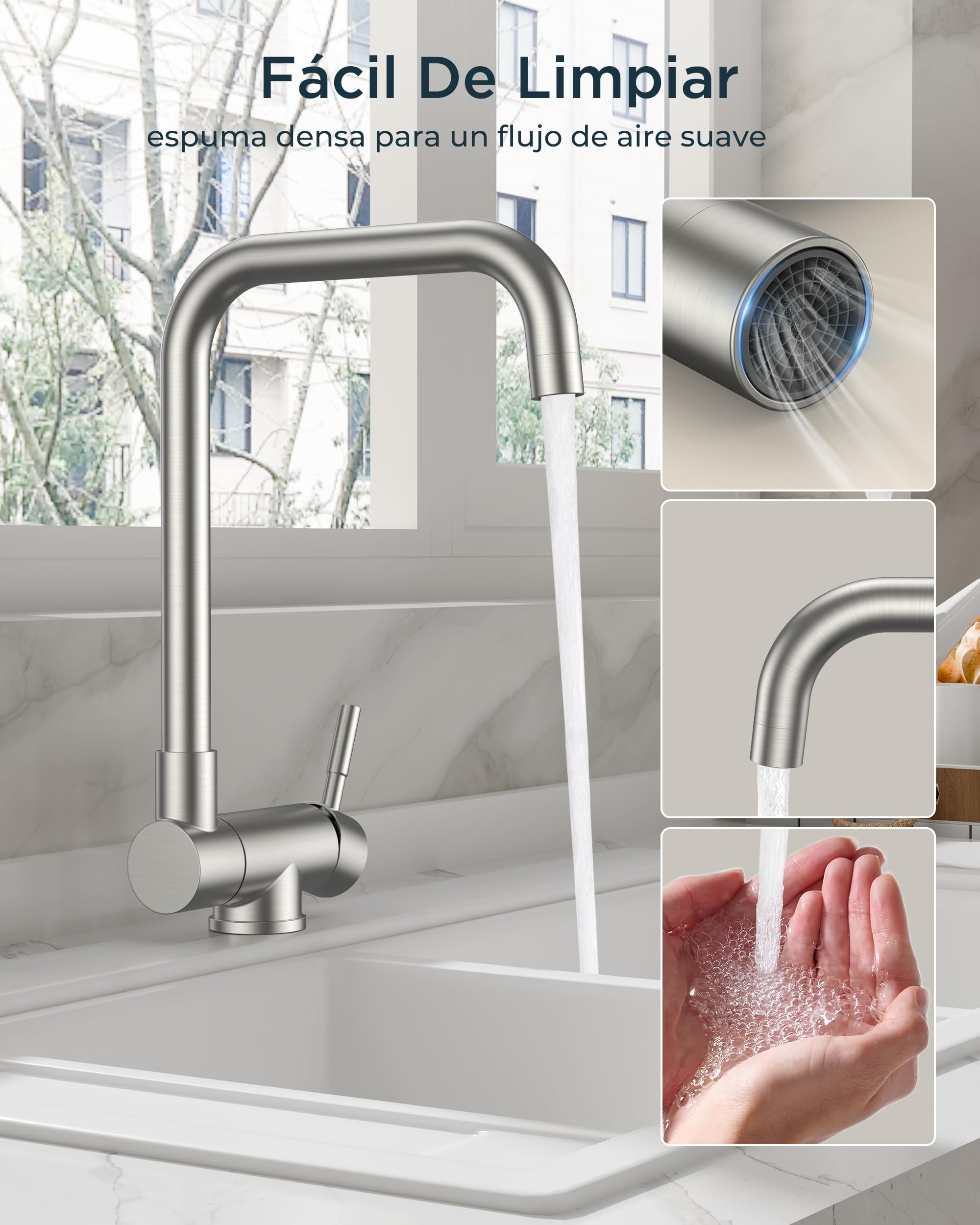 FORIOUS Grifo Cocina, Grifos Cocina Fregadero con Función Giratorio 360° y Plegable, Diseño en Forma de L de Acero Inoxidable, Monomando Para Agua Caliente y Fría Torneira de Cozinha