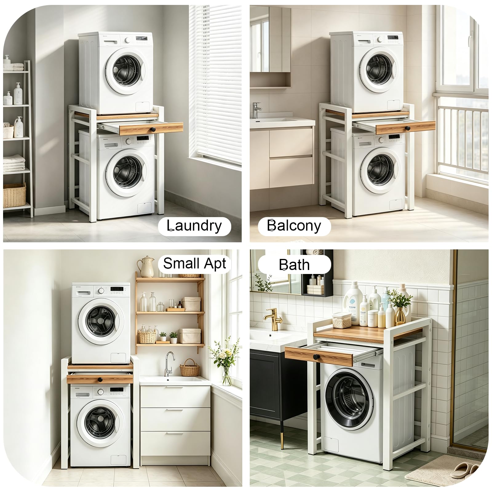 Meuble Machine à Laver avec Tiroir, Support Machine à Laver Sèche Linge, Superposition Lave Linge Sèche Linge, Étagère Machine à Laver pour Buanderie, Salon, Salle de Bain, Cuisine, Balcon